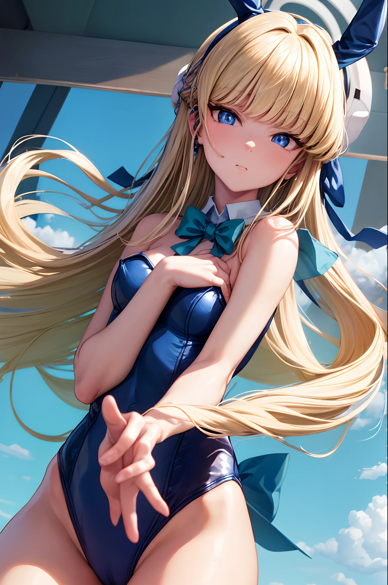 (masterpiece, best quality:1.2), cowboy shot, solo, 1girl, tokibunny, playboy bunny, expressionless, closed mouth, long blonde hair, fake animal ears, blue eyes, blue leotard, blue bow