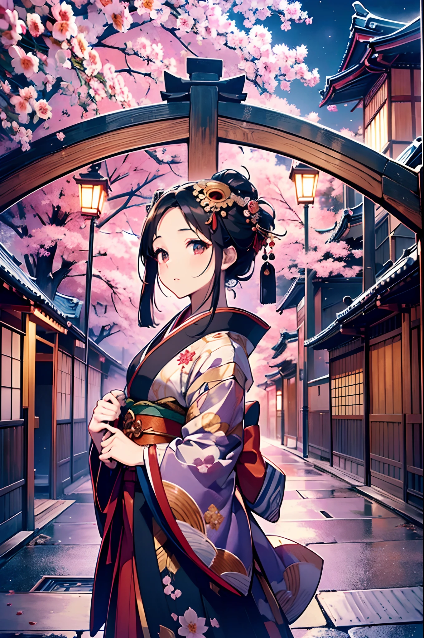(Official art、Best Quality、Unity 8k Wallpapers、32K、masterpiece、ultra-detailliert、超A high resolution、realisitic、Photorealsitic:1.2)、(Cinematic lighting:1.2)、Fireglow effect、film grains、Best Shadows、Rim lighting、side lights、(Ultra-detailed and complex 3D rendering)、Detailed beautiful face and eyes、A slender、Medium bust、(Full body:1.2)、(sideshot、Looking away:1.2)、(Mystical、moonlights)、Highly detailed background、beauitful face、a beauty girl、(super detailed skin、detailed skin textures:1.3)、Japan garden、cowboy shot、Tree with red leaves on tower background々, Japan at night, japan sightseeing, japan deeper travel exploration, japanese temples, pagoda, during night!!, set at night, during night!, けもの, Vivid!!, japanese city at night, full - view, ancient japanese architecture, by Torii Kiyomasu II, november, kyoto japan setting