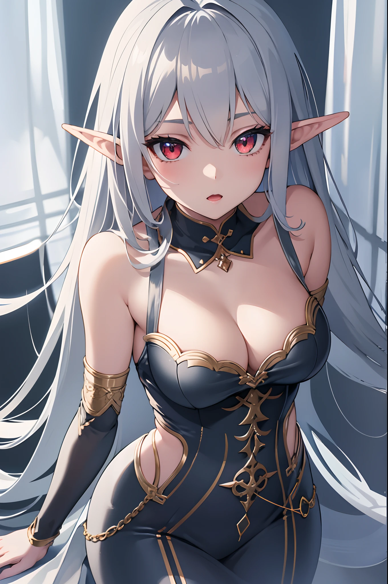 1girl, anime, cute girl, elf, blank background, white background, fantasy, detailed dark fantasy dress with highlights, beautiful face, beautiful eyes, dark colors, medium breasts, slight cleavage, beautiful skin, cute, silver hair, red eyes, breast curtains, extremely delicate and beautiful, (beautiful detailed face:1.0), (detailed deep eyes), symmetrical breasts, deep eyes, shiny skin, portrait, slender waist, hips wider than shoulders, thighs, young girl