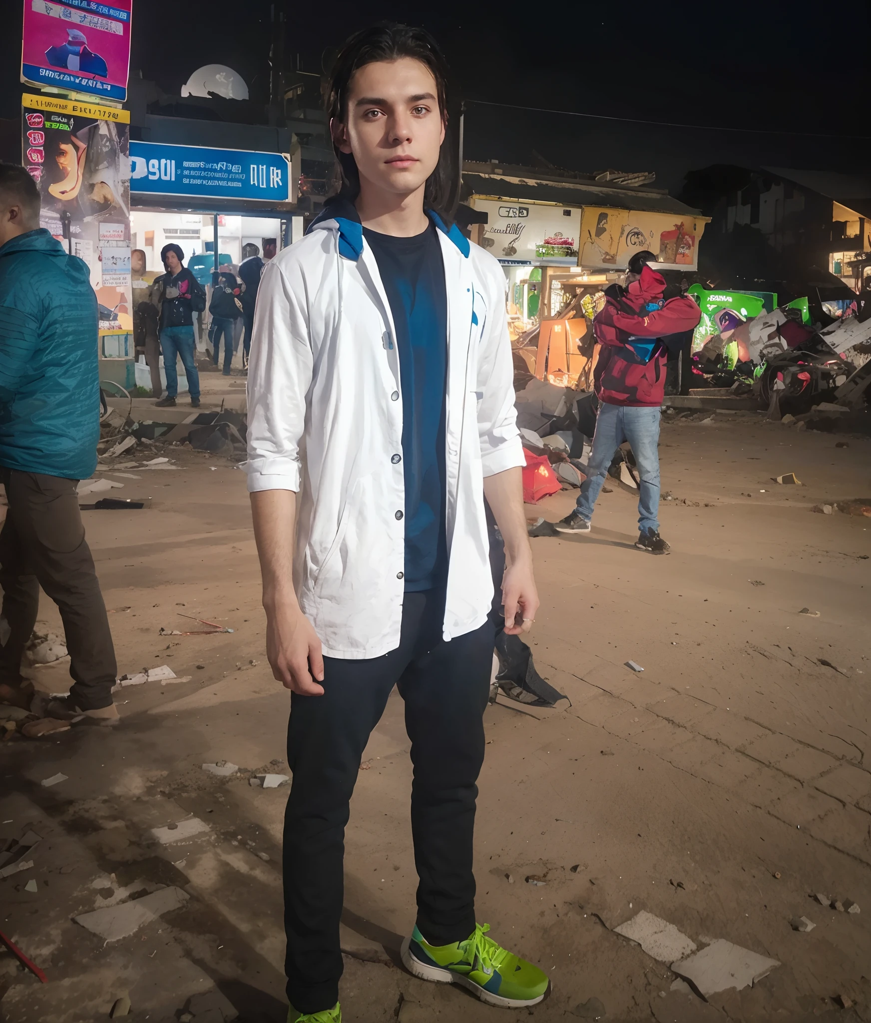 tmasterpiece, hiquality, absurdress, guy, Dark hair, Detailed eyes and face, Cyan eyes, beatiful face, black hoodie, Burning city ruins, An abandoned suburban town, Meteor shower, in night, Winged metal figure in the sky