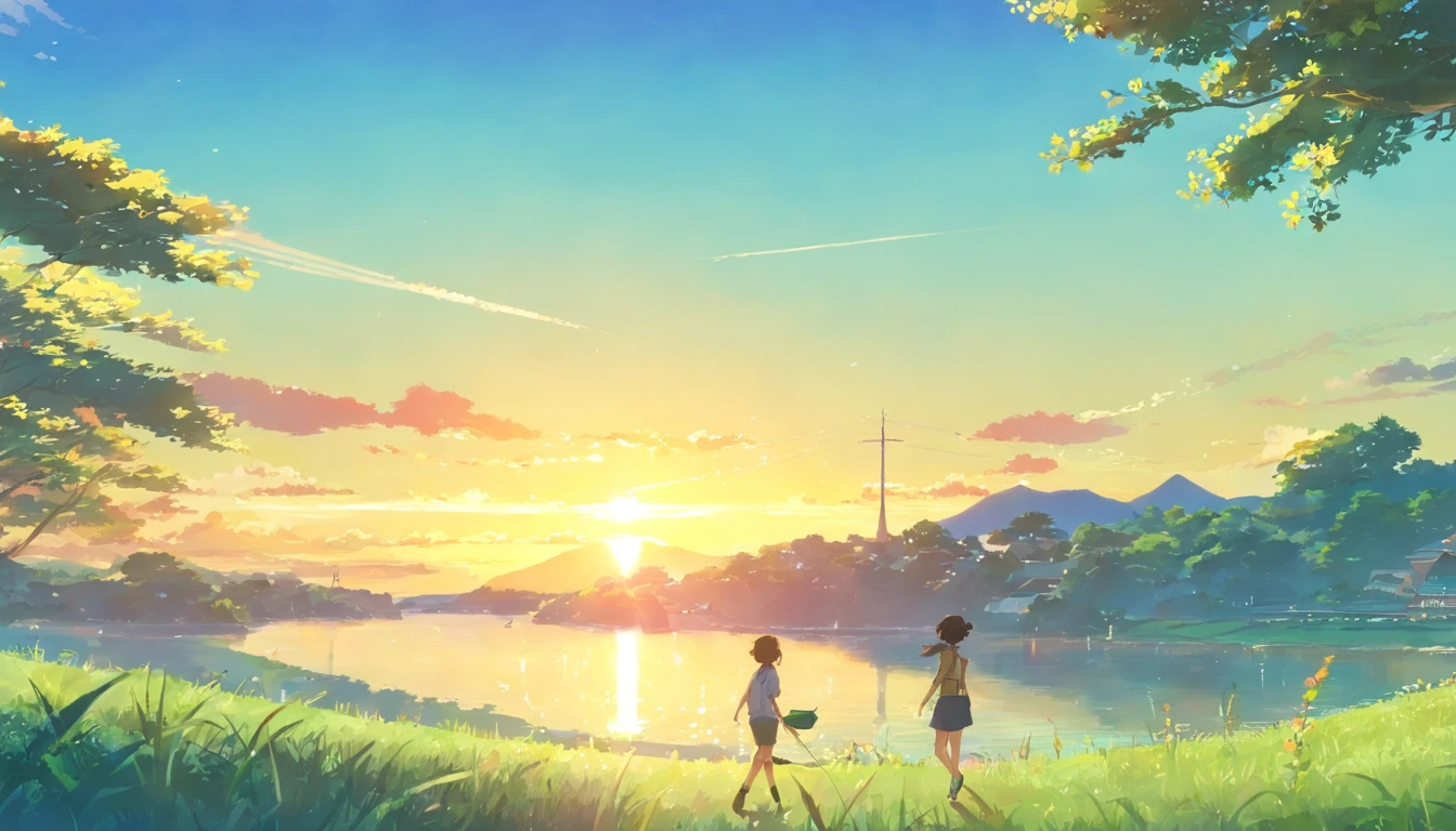 In a beautiful little village,There are mountains,grove,grassy fields,Small lake,o cachorrinho,baby cats,A lively and cute little boy trotts around the village,And beautiful sunsets,A gentle breeze