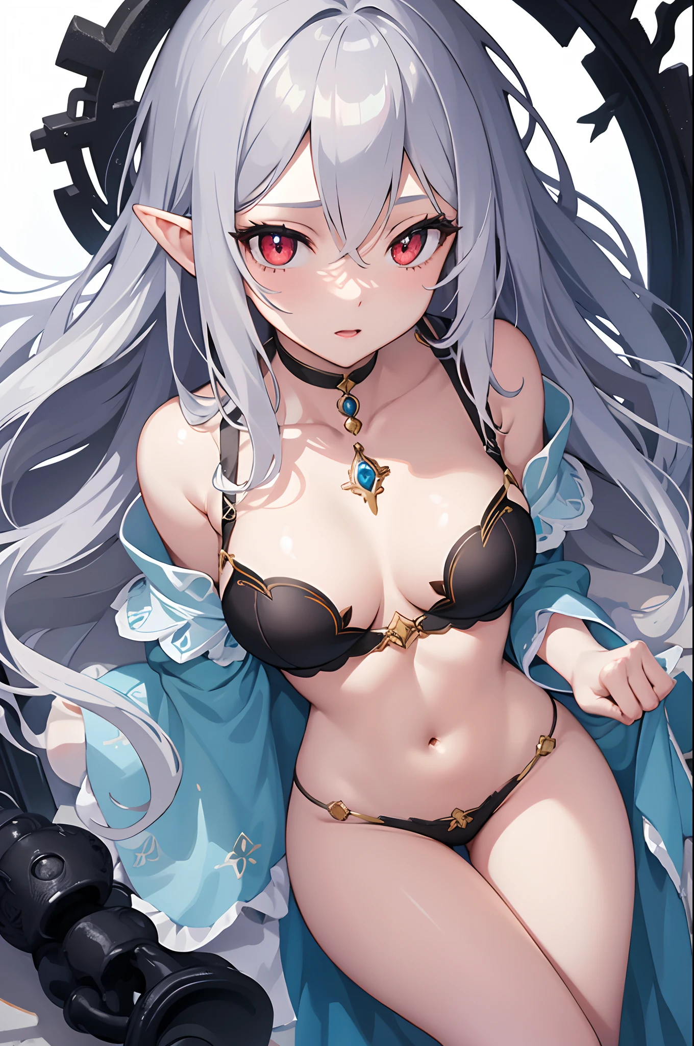 1girl, anime, cute girl, elf, blank background, white background, fantasy, detailed dark fantasy dress with highlights, beautiful face, beautiful eyes, dark colors, medium breasts, slight cleavage, beautiful skin, cute, silver hair, red eyes, breast curtains, extremely delicate and beautiful, (beautiful detailed face:1.0), (detailed deep eyes), symmetrical breasts, deep eyes, shiny skin, portrait, slender waist, hips wider than shoulders, thighs, young girl