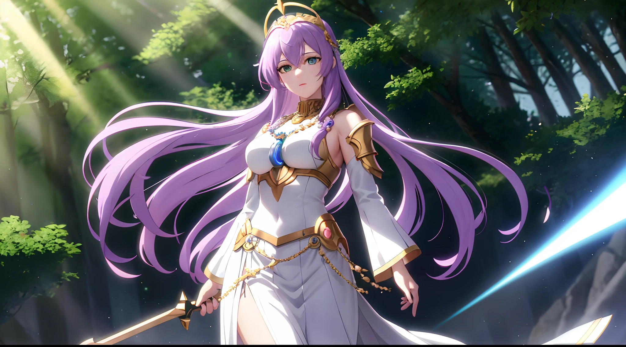 Athena with plain long light purple hair,hair between eyes,green eyes,rosy cheeks,full lips,thin eyebrows,slender body,divinity goddess armor and long skirt,praying beads on neck,cute anime girl,full body,villags path in background,anime style,Lumen Reflections,Screen Space Reflections,Diffraction Grading,Chromatic Aberration,GB Displacement,Scan Lines,Ray Traced,Anti-Aliasing,FXAA,TXAA,RTX,SSAO,Shaders,OpenGL-Shaders, GLSL-Shaders,Post Processing,Post-Production,cell Shading,Tone Mapping,CGI,VFX,SFX,insanely detailed and intricate, 4K,standing, solo, masterpiece, best quality, detailed face, detailed eyes, highres, standing, solo,masterpiece, best quality