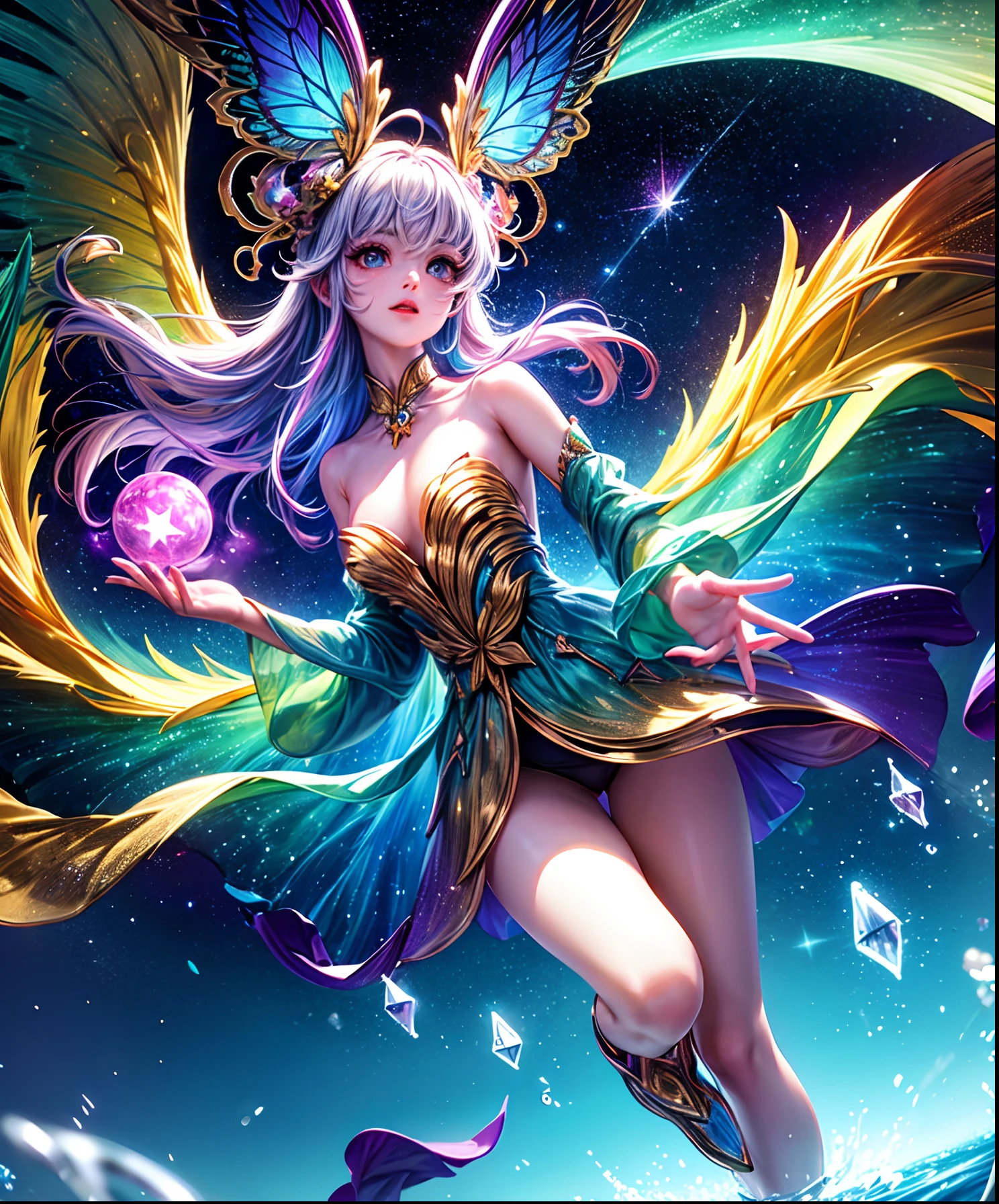 starrysky、Cute iridescent round monster、Iridescent grass々Drawing a butterfly flying over the water, Looking up at the starry sky. Surround her with colorful nebulae and colorful forests.