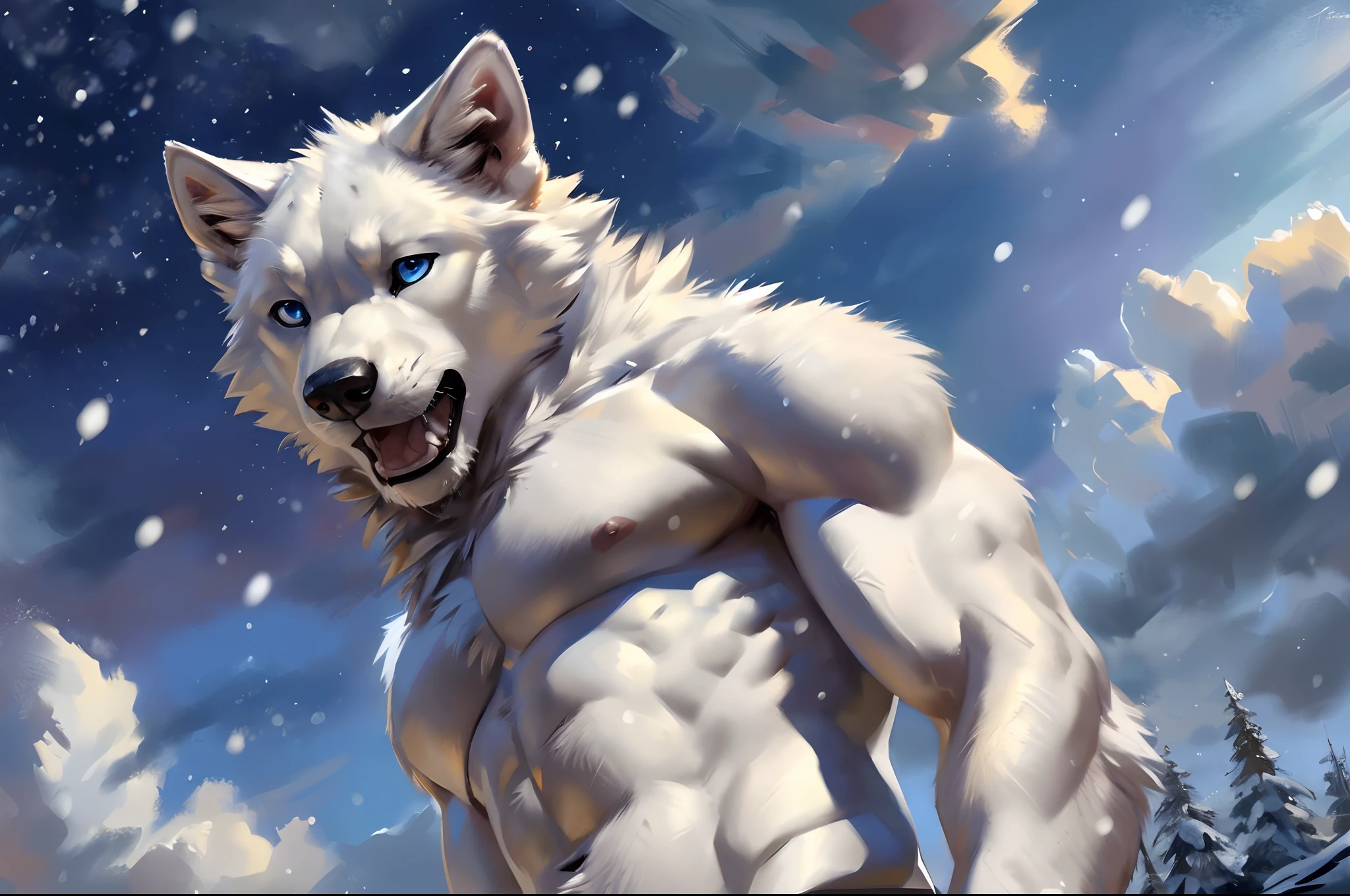 slim feral:1.2 thin white wolf, posing for the camera. 4k, high resolution, best quality, perfect colors, perfect shadows, perfect lighting, posted on e621, furry body, feral white wolf, quadruped:1 white wolf, solo, male, adult, slim, (skinny:2 build:1.4, strong pecs), correct anatomy, white fur (white:1 fur, detailed fur, epic, masterpiece:1.2), (winter background, snowing, cloudy sky, sunset), sexy shadows, (by echin, by Taran Fiddler, by takemoto arashi, by Traver009, by Juiceps), (detailed blue eyes:1.2), impressive physique, tired pose, struggling, effort pose, bothered face, exhausted, detailed eyes, looking at camera, close-up, open mouth, thick drooling:1.4, low-angle shot