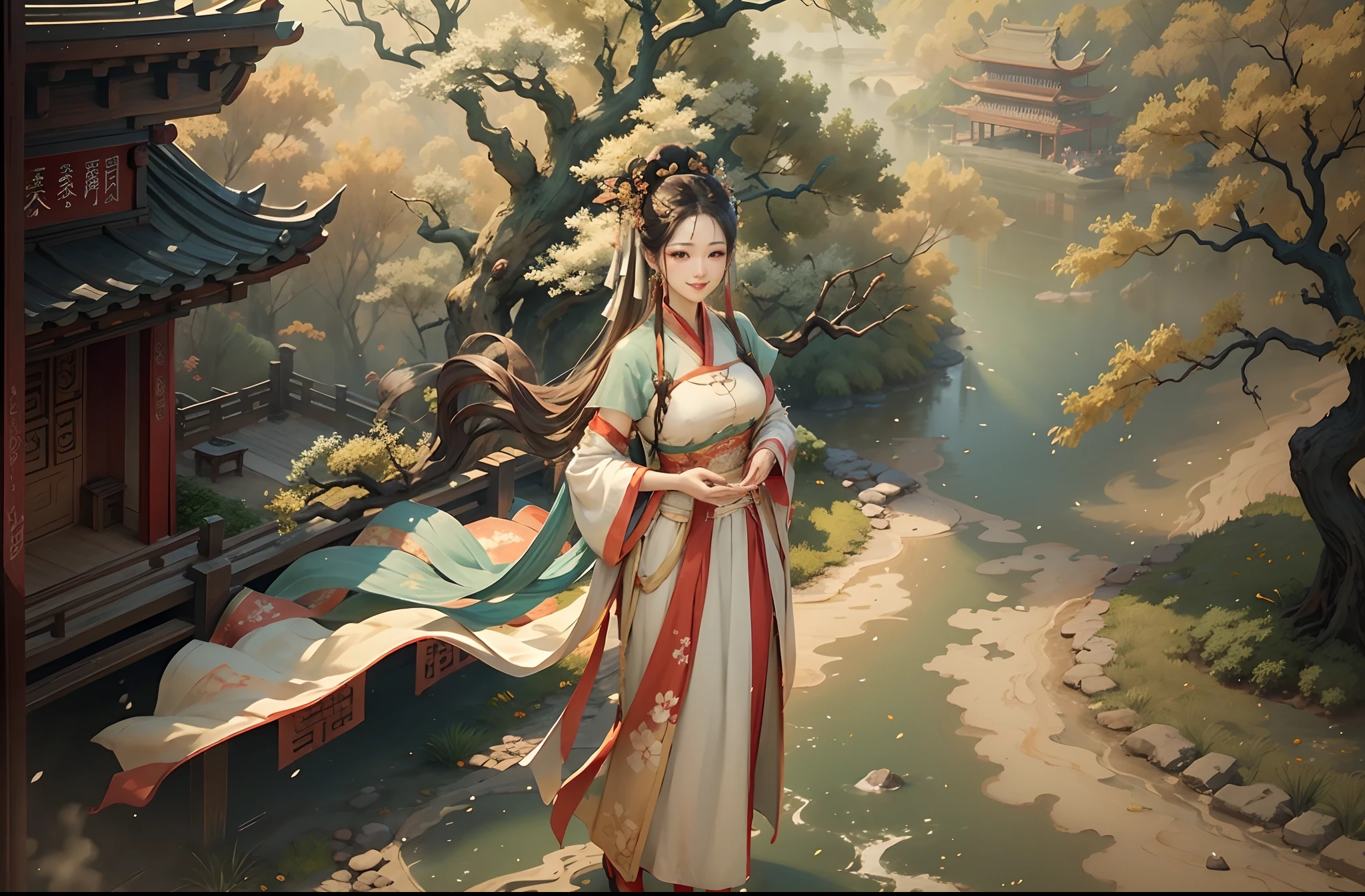 White Shuk Walking Horse, Negative Space, Sunglasses, Standing Female Statue, Willow Branch, (Masterpiece, Best Quality:1.2), Chinese Painting, Model Style, Peace, (smile), Looking at the audience, Wearing long Hanfu, Hanfu, song, willow tree in background, Wuchang Shuo, on the top of the mountain,