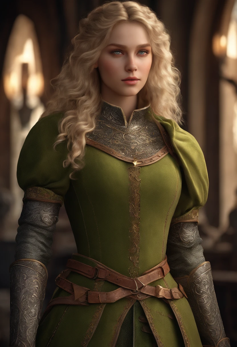 1Girl, Masterpiece, Best Quality, 8K, Detailed skin texture, detailed cloth texture, Beautiful detailed face, intriciate detail, The ultra-detailliert, A European girl, Green Eyes, Blonde curly high, 3d character, Medieval Knights