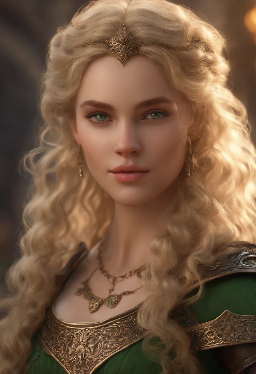 1Girl, Masterpiece, Best Quality, 8K, Detailed skin texture, detailed cloth texture, Beautiful detailed face, intriciate detail, The ultra-detailliert, A European girl, Green Eyes, Blonde curly high, 3d character, Medieval Knights