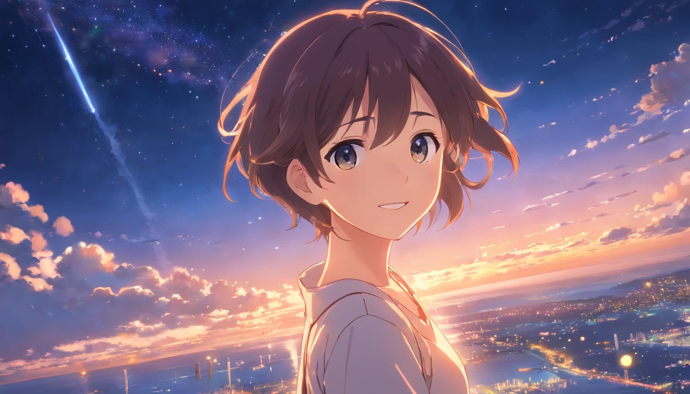 masutepiece, Best Quality, Movie Still, 1girl in, Cloud Girl, Floating in the sky, close-up, Bright, Happy, Warm and soft lighting, Starry Moonlit Night, (sparks:0.7)