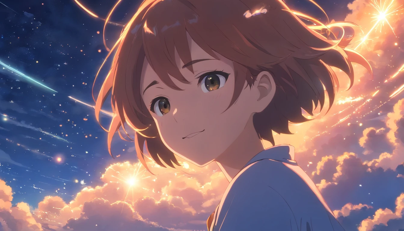 masutepiece, Best Quality, Movie Still, 1girl in, Cloud Girl, Floating in the sky, close-up, Bright, Happy, Warm and soft lighting, Starry Moonlit Night, (sparks:0.7)