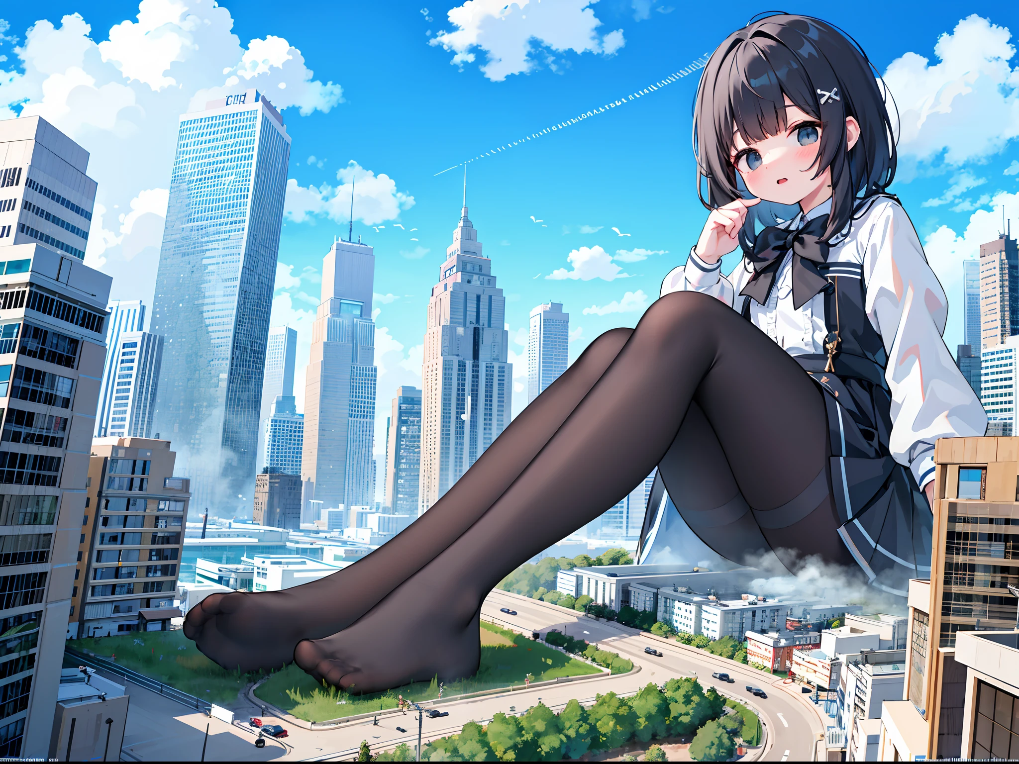 1girll,,Clouds, view over city, mountain ranges, Masterpiece, Best quality, Highly detailed,Masterpiece,Best quality,offcial art,Extremely detailed Cg Unity 8K wallpaper,{{{Giantess}}},Giant,1girll,{Black stockings},modern miniature city,A cold expression,Sit on a modern miniature city,Destroyed buildings,looking toward the viewer,The feet emit steam,Smash the city,