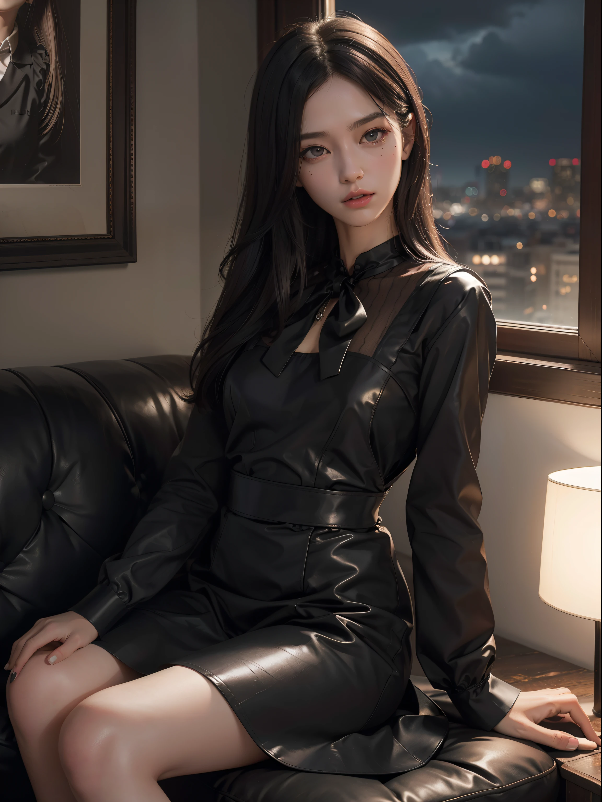 (Hyper-realistic), (Illustration), (High resolution), (8K), (Extremely detailed), (Best Illustration), Yol ( chain saw man ), (Beautiful detailed eyes), (Best Quality), (Ultra-detailed), (masutepiece), (Wallpaper), (Detailed face), Solo, Upper body, Focus on Face, 1 girl, Long Black Hair, Korean, Thin eyeshadow, A detailed eye, Brown eyes, Small moles under the eyes, very slender legs,Long sleeve shirt, Neckbow, Small breasts,Black leather shoes,pinafore dress, Dynamic Pose, low illuminance, Night, Dark, Clouds, a dark night,sit on sofa,