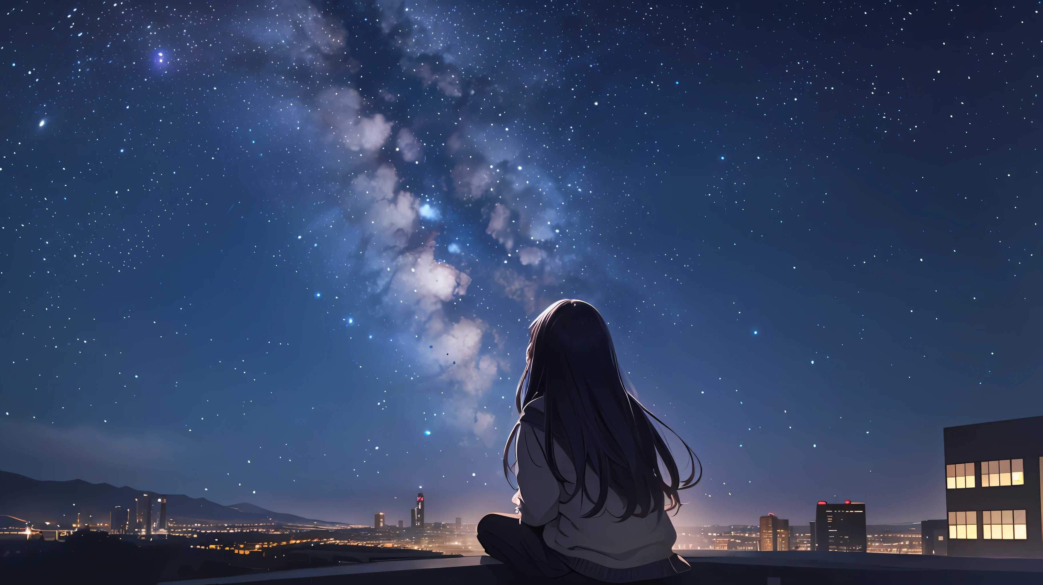 octans, sky, star (sky), scenery, starry sky, night, 1girl, night sky, solo, outdoors, building, cloud, milky way, sitting, tree, long hair, city, silhouette, cityscape --auto --s2