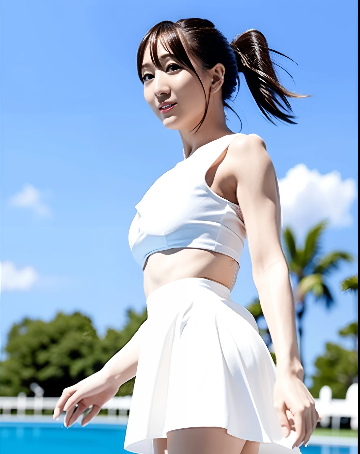 araffe woman in a white dress posing for a picture, Minami Tanaka、,a sailor suit、Poolside in summer、Sunflowers、Ultra mini skirt、beautiful thigh、Beautiful ponytail、white panty、Minami Tanaka, a high school girl、