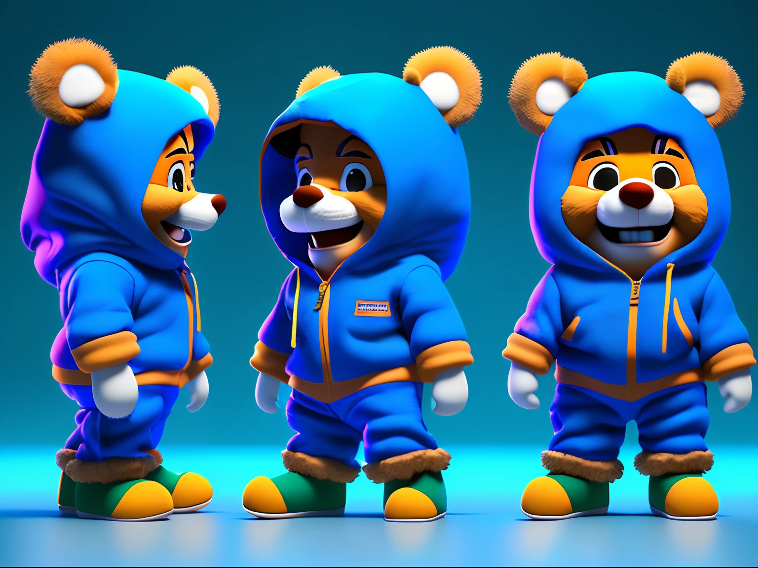 (Same character, front, side, back）（Laughing boys:1.5）（Wearing blue teddy bear hooded jumpsuits：1.37）, 3D model of a Japanese mascot, Maya 8 K, anime lush john 8k woods, 3 d character, 3d character, Diego 5, 3D model Pixar rendering,  front, side, back, rendered in maya, The look of laughter :: rendering by octane