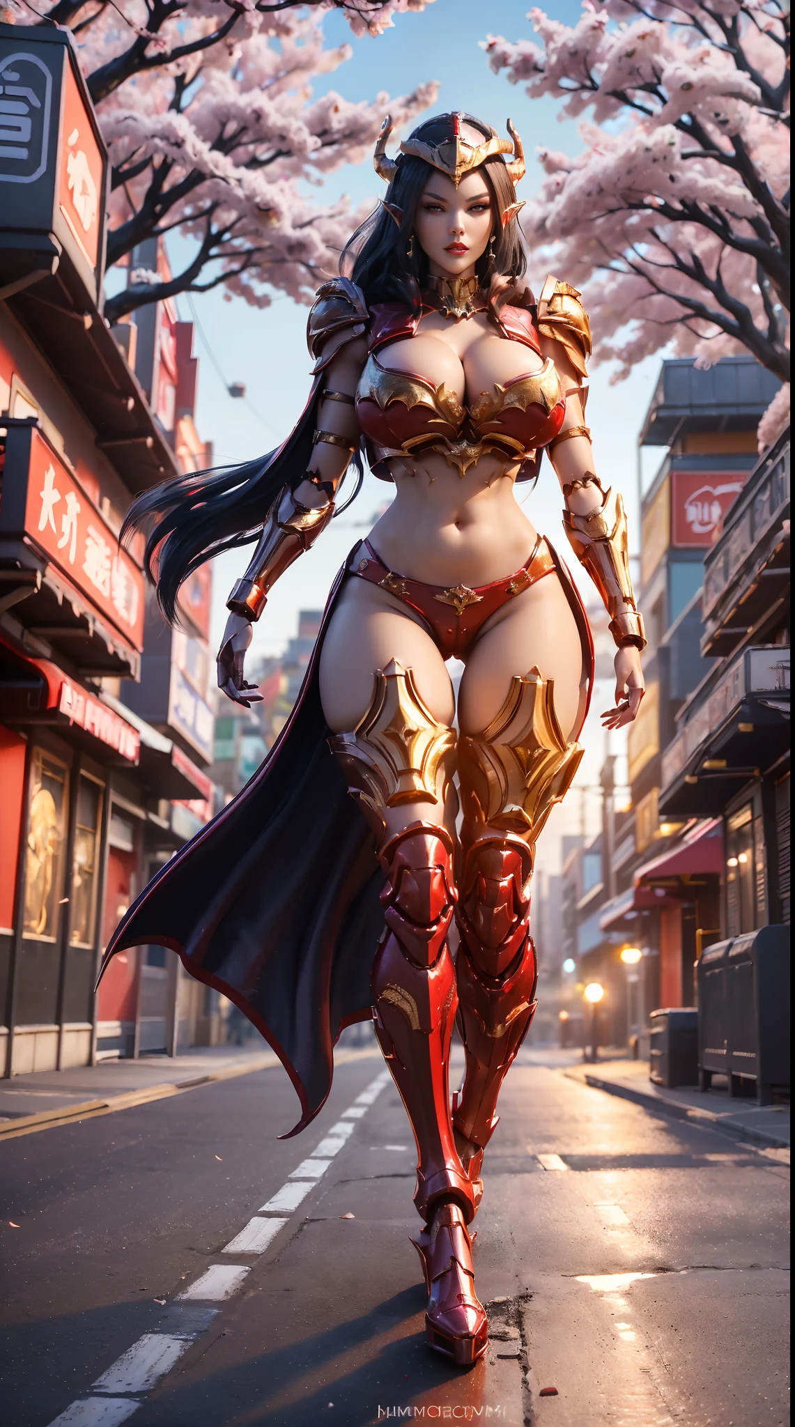 1GIRL, SOLO, (ssmile, makeup, beautifull eyes, red libs, shiny black hair, gold dragon helm), (HUGE FAKE BOOBS:1.3), (GUARD ARM), (red, IN FUTURISTIC DRAGON ARMOR CROP TOP, GIRL IN MECHA CYBER ARMOR, ROYAL CAPE, CLEAVAGE, SKINTIGHT HOTPANTS, HIGH HEELS:1.5), (SLENDER BODY, SEXY LONG LEGS, FULL BODY:1.5), (LOOKING AT VIEWER:1), (WALKING DOWN ON STREET NIGHT CHERRY TREES:1.3), PHYSICALLY-BASED RENDERING, ULTRA HIGHT DEFINITION, 8K, 1080P.