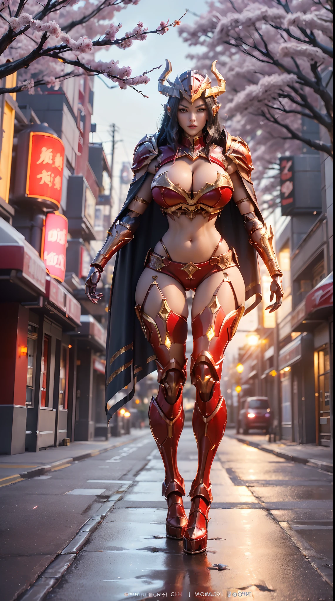 1GIRL, SOLO, (ssmile, makeup, beautifull eyes, red libs, shiny black hair, gold dragon helm), (HUGE FAKE BOOBS:1.3), (GUARD ARM), (red, IN FUTURISTIC DRAGON ARMOR CROP TOP, GIRL IN MECHA CYBER ARMOR, ROYAL CAPE, CLEAVAGE, SKINTIGHT HOTPANTS, HIGH HEELS:1.5), (SLENDER BODY, SEXY LONG LEGS, FULL BODY:1.5), (LOOKING AT VIEWER:1), (WALKING DOWN ON STREET NIGHT CHERRY TREES:1.3), PHYSICALLY-BASED RENDERING, ULTRA HIGHT DEFINITION, 8K, 1080P.