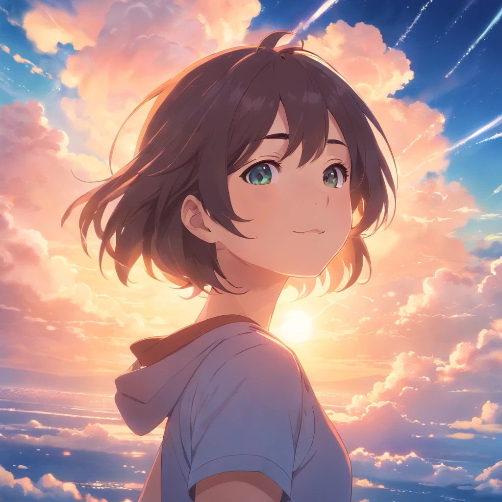 masterpiece, best quality, movie still, 1girl, cloud girl, floating in the sky, close-up, bright, happy, warm soft lighting, sunset, (sparks:0.7)