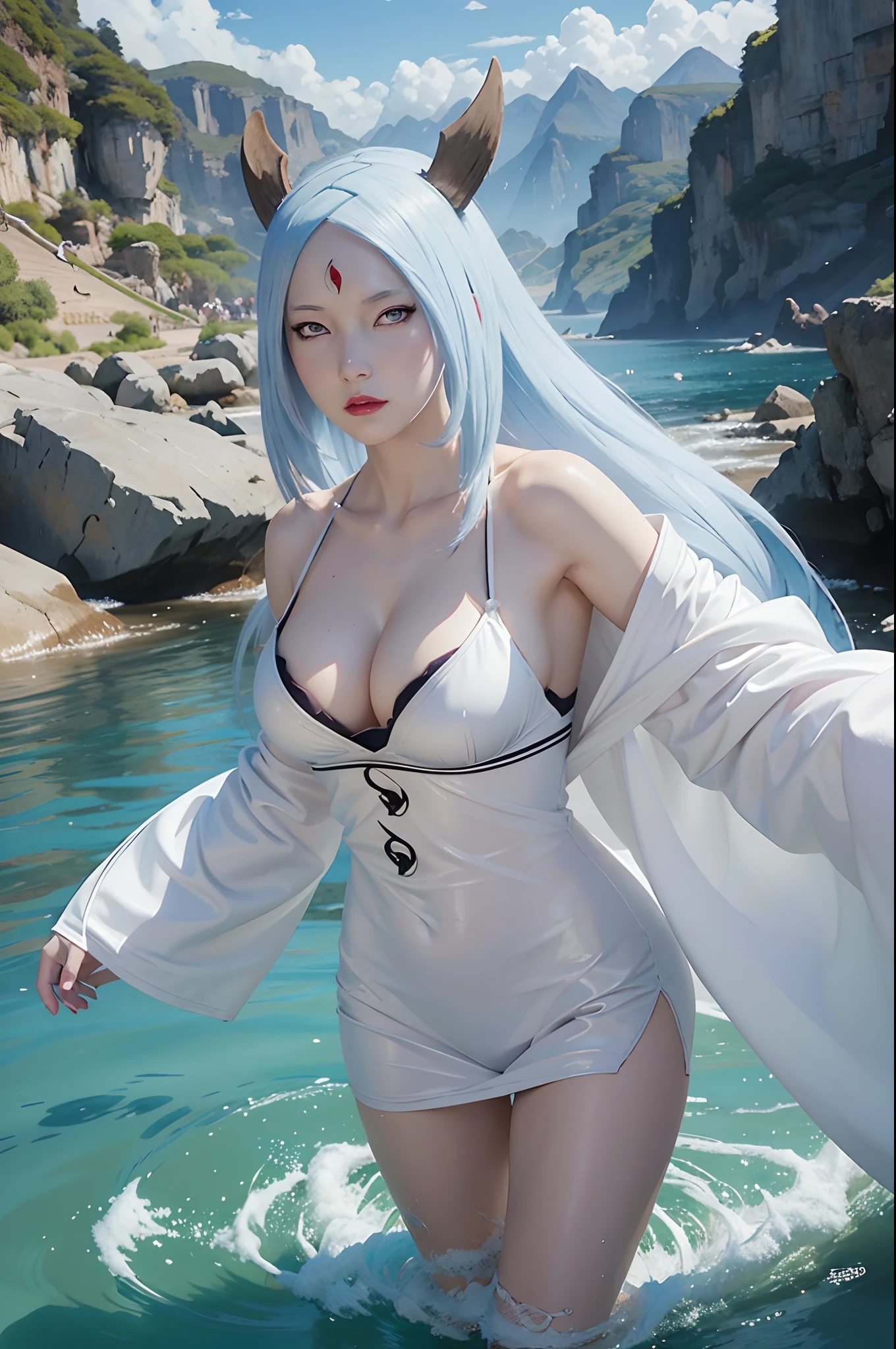 a girl with horns and a white robe showing breasts walking in the water, cleavage, kaguya otsusuki, white haired god, white skin color, white colored skin, white colored body skin, onmyoji, onmyoji detail art, onmyoji portrait, anime epic artwork, works anime fantasy art, anime fantasy illustration, anime art, advanced digital anime art, digital anime art, anime artwork, 4k anime style, anime style artwork, anime style digital art, anime character art, kaguya otsusuki from naruto