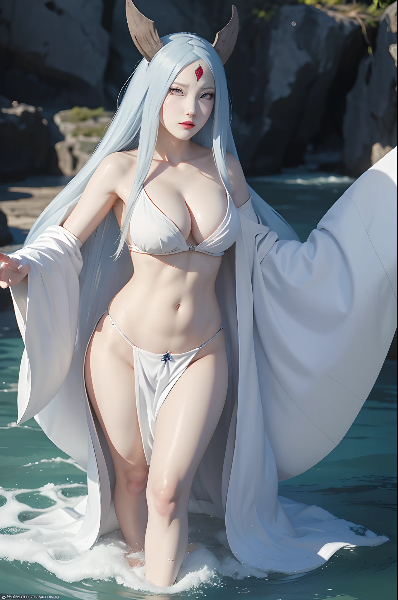 a girl with horns and a white robe showing breasts walking in the water, cleavage, kaguya otsusuki, white haired god, white skin color, white colored skin, white colored body skin, onmyoji, onmyoji detail art, onmyoji portrait, anime epic artwork, works anime fantasy art, anime fantasy illustration, anime art, advanced digital anime art, digital anime art, anime artwork, 4k anime style, anime style artwork, anime style digital art, anime character art, kaguya otsusuki from naruto