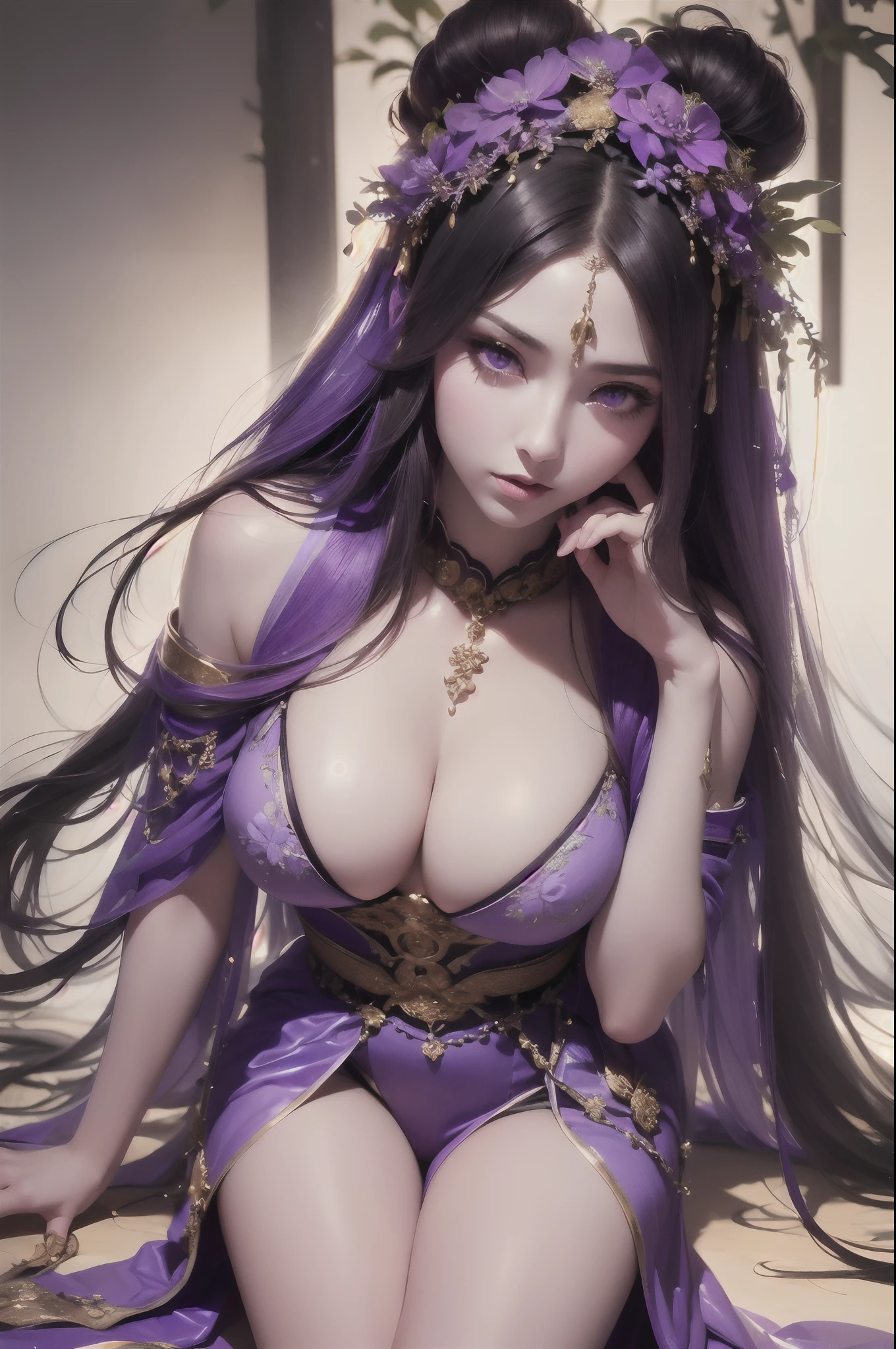 (Jade Beauty:1.1,Peerless Goddess:1.1,black hair:1.1,Enchanting eyes:1.1),(Best Quality,4k,8K,hight resolution,Masterpiece:1.2),Ultra-detailed,(Realistic,Photorealistic,photo-realistic:1.37),portrai,Vivid colors,Lush green environment,natural lighting,serene atmosphere,Graceful posture, perfect hand, Detailed finger, Perfect Straight Two Legs, beautiful detail eyes, hairlong, long leges, Dressed in translucent silk, translucent clothes, Face of the Goddess, Detailed Face, (tmasterpiece), (violet eyes:1.5)