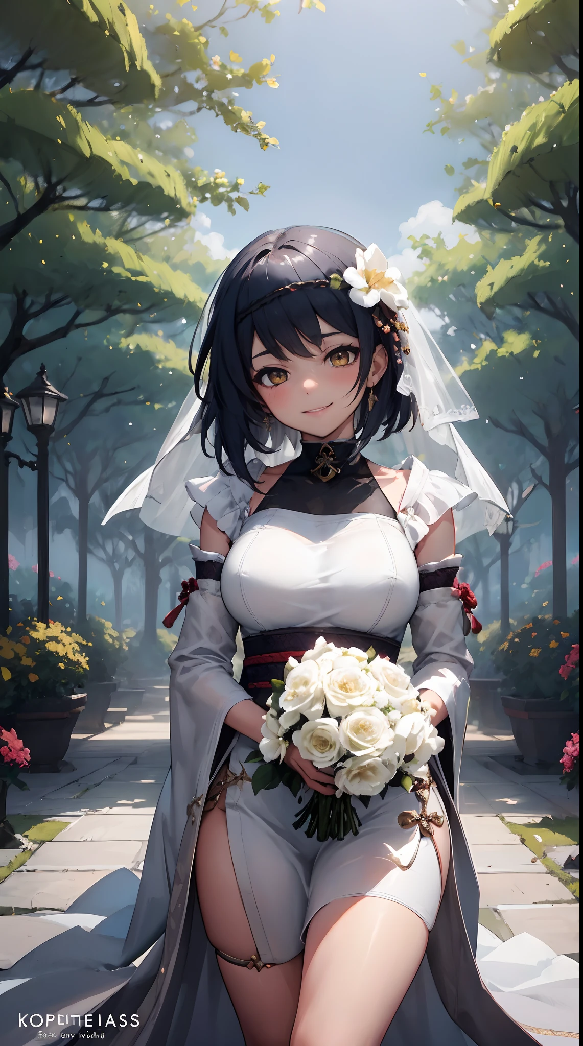 Kujou Sara | genshin impact, master-piece, bestquality, 1girls,25 years old, proportional body, proportional., Wedding Dresses, White Wedding Dress, Long skirt, wedding, ,bara, Standing in the middle of a flower garden, outdoor, wedding, The sky is beautiful, In a paradise of love and happiness..............................., The bride wears a Japanese dress and a seductive smile..............................., The passage of time stops at theirs..............................., On this wedding day of love and happiness..............................., Bright and beautiful flowers, Holding it in her hands symbolizes the envelopment of love..............................., Love and friendship through the transmission of flowers, In a paradise of love and happiness..............................., A bride in a yukata wearing a masika..............................., It is a form of beauty and elegance..............................., Show your spouse your heart.............................., In a paradise of love and happiness..............................., Kochikugisa is the tree of new beginnings..............................., And their love and affection............................, And suck a lot of love..............................., Flowers represent love and peace..............................., In a paradise of love and happiness..............................., View viewers from the front., Thigh strap, Head tilt, bored, 10, 10, HD, slight smile,