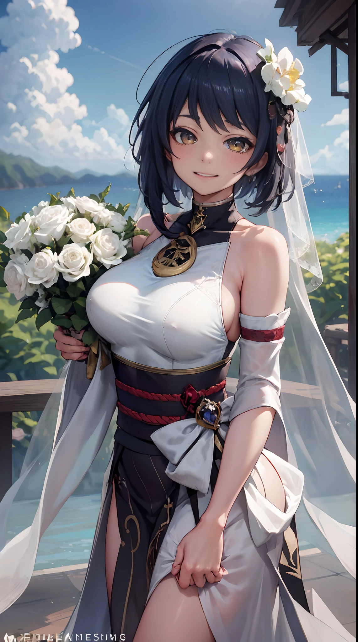 Kujou Sara | genshin impact, master-piece, bestquality, 1girls,25 years old, proportional body, proportional., Wedding Dresses, White Wedding Dress, Long skirt, wedding, ,bara, Standing in the middle of a flower garden, outdoor, wedding, The sky is beautiful, In a paradise of love and happiness.........................................., The bride wears a Japanese dress and a seductive smile.........................................., The passage of time stops at theirs.........................................., On this wedding day of love and happiness.........................................., Bright and beautiful flowers, Holding it in her hands symbolizes the envelopment of love.........................................., Love and friendship through the transmission of flowers, In a paradise of love and happiness.........................................., A bride in a yukata wearing a masika.........................................., It is a form of beauty and elegance.........................................., Show your spouse your heart........................................., In a paradise of love and happiness.........................................., Kochikugisa is the tree of new beginnings.........................................., And their love and affection......................................., And suck a lot of love.........................................., Flowers represent love and peace.........................................., In a paradise of love and happiness.........................................., View viewers from the front., Thigh strap, Head tilt, bored, 10, 10, HD, slight smile,