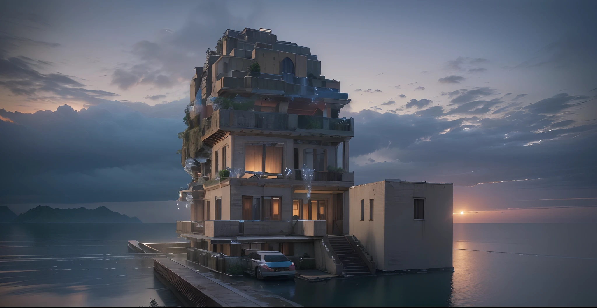ROCK MOUNTAIN ABOVE THE HOUSE, (8k, RAW photo, best quality, masterpiece:1.2), (realistic, photo-realistic:1.37), octane render, ultra high res, ultra-detailed , professional lighting, photon mapping, radiosity, physically-based rendering, ue5, ((island sanctuary)), ((ancient fallen kingdom)), ((reflections in water)), ((raytracing)), ((drowned city))