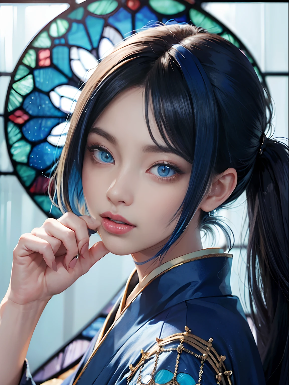 (rokoko:1.5),Background of details(chies:1.1(stain glass:1.2)),BREAK,elaborate costume{Luxury kimono(Colorful kimono(detailed embroidery,))},BREAK,1womanl(Beautiful and classy adult woman(Japanese actressl:1.2)(chuckle(brightblue eyess:1.5))(glossy dark hair(poneyTail:1.2))), Blake Wallpaper 16K,Blur the background,(masutepiece:1.5), (Best Quality:1.5),(Portrait photos:1.5),full body Esbian