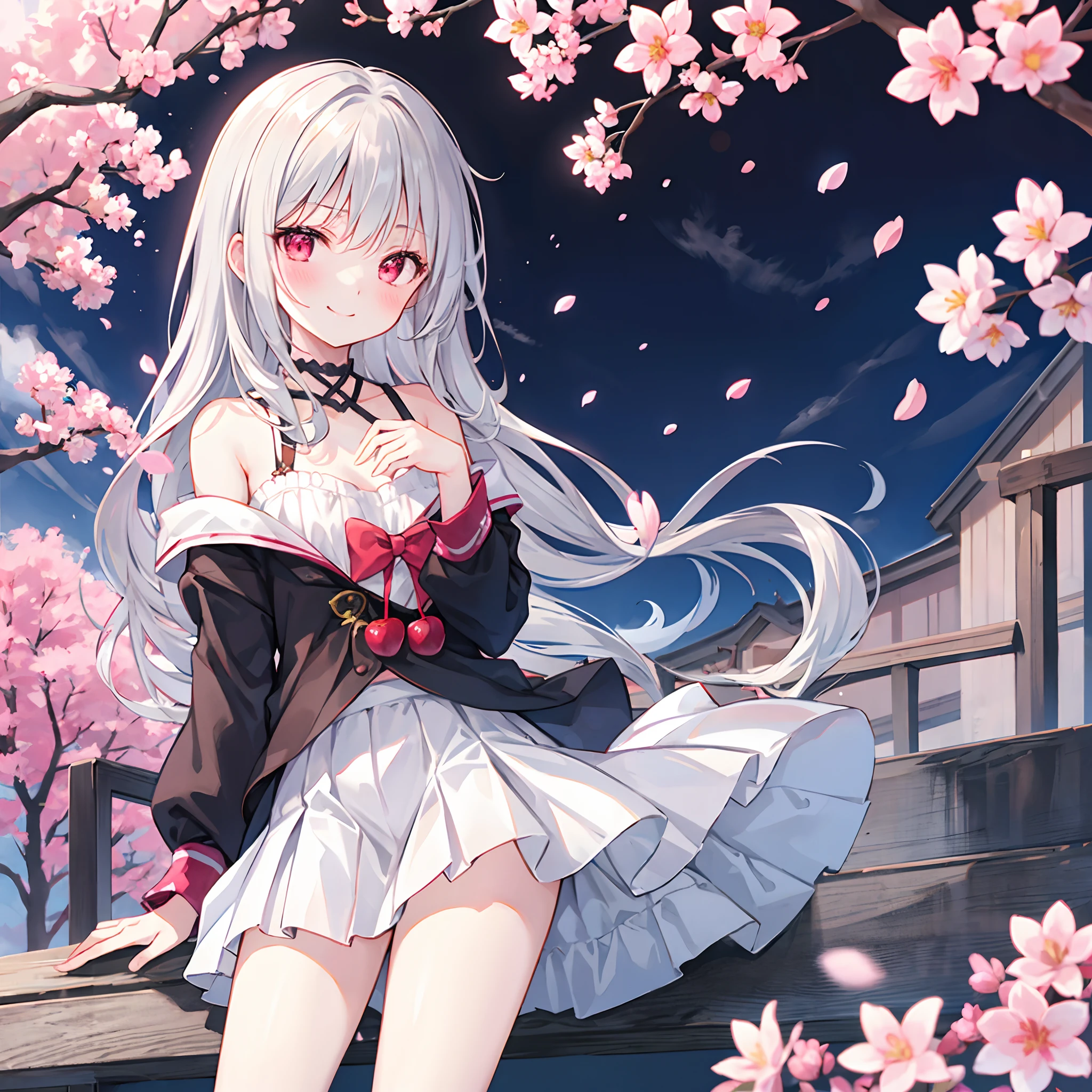 Long grey hair、red eyes、One Beautiful Girl、red blush、A smile、Flip-fluffy miniskirt、Cherry blossoms