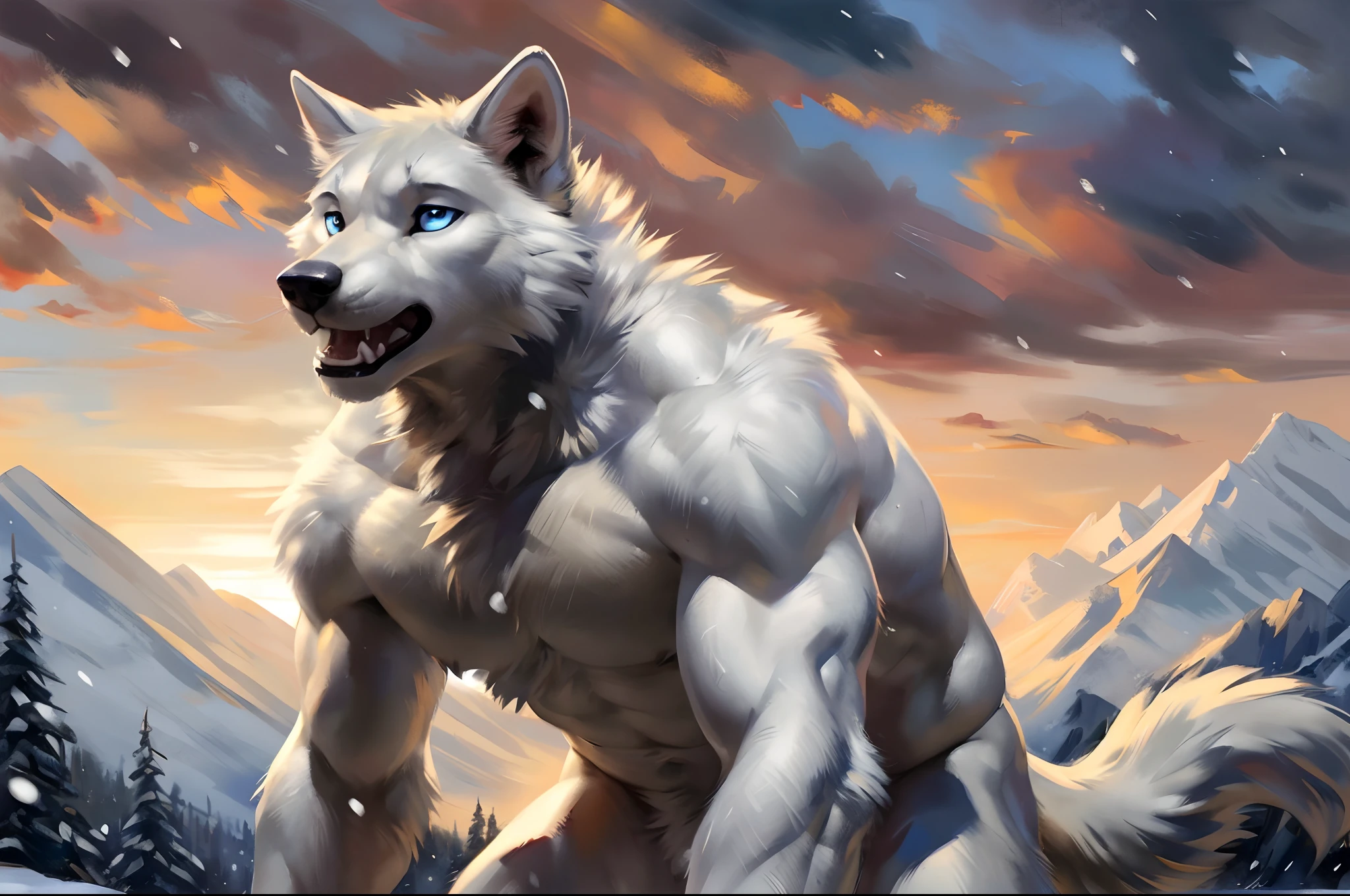 slim feral:1.2 thin white wolf, posing for the camera. 4k, high resolution, best quality, perfect colors, perfect shadows, perfect lighting, posted on e621, furry body, feral white wolf, quadruped:1 white wolf, solo, male, adult, slim, (skinny:2 build:1.4, strong pecs), correct anatomy, white fur (white:1 fur, detailed fur, epic, masterpiece:1.2), (winter background, snowing, cloudy sky, sunset), sexy shadows, (by echin, by Taran Fiddler, by takemoto arashi, by Traver009, by Juiceps), (detailed blue eyes:1.2), impressive physique, tired pose, struggling, effort pose, bothered face, exhausted, detailed eyes, looking at camera, open mouth, thick drooling:1.4, low-angle shot