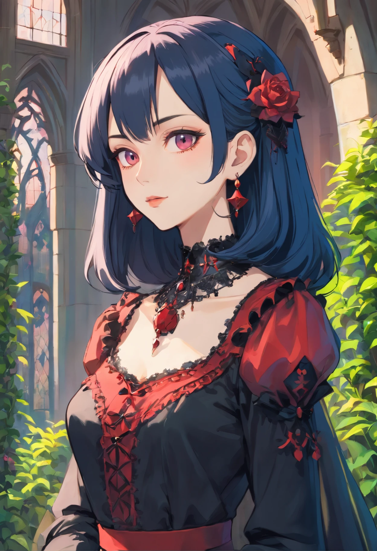 a beautiful (gothic woman:1.4) wearing an anime collar, mature face:1.4), (black eyeliner:1.4), make-up a long necklace and earrings, in the style of tranquil gardenscapes, colorful animation stills, masami teraoka, aquamarine, paul gauguin, Embry style, honest portrayal