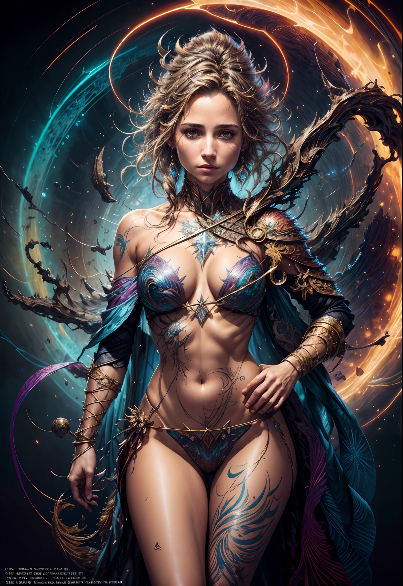 (Alicia Vikander:Elsa pataky), powerful sorceress,tribal tattoo, messy hair, Full body, Beautiful anime waifu style girl,hyperdetailed painting, luminism, art by Carne Griffiths and Wadim Kashin concept art, dark background, abstract beauty, approaching perfection, pure form, golden ratio, minimalistic, dark atmosphere, unfinished, concept art, by Brian Froud and Carne Griffiths and Wadim Kashin and John William Waterhouse, intricate details, 8k post production, high resolution, hyperdetailed, trending on artstation, sharp focus, studio photo, intricate details, highly detailed, by greg rutkowski