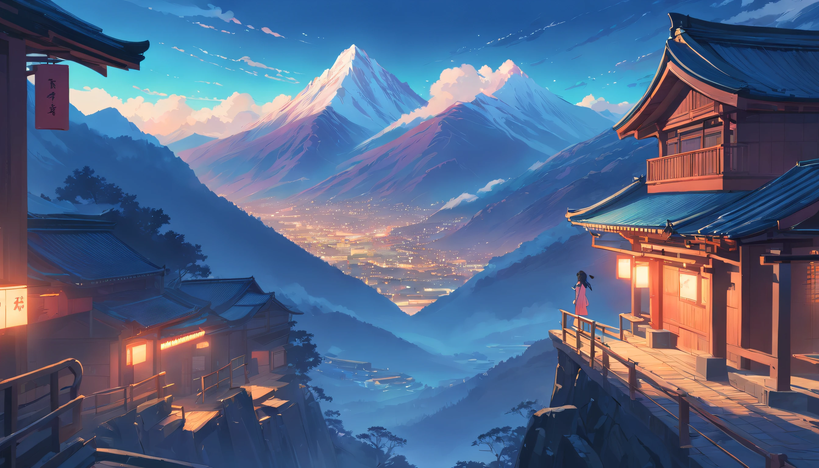 Back, towards the distance, mountain village, Taoist dress, horror atmosphere, shady, desolation, doomsday atmosphere, cold colors, dim light, flat lines