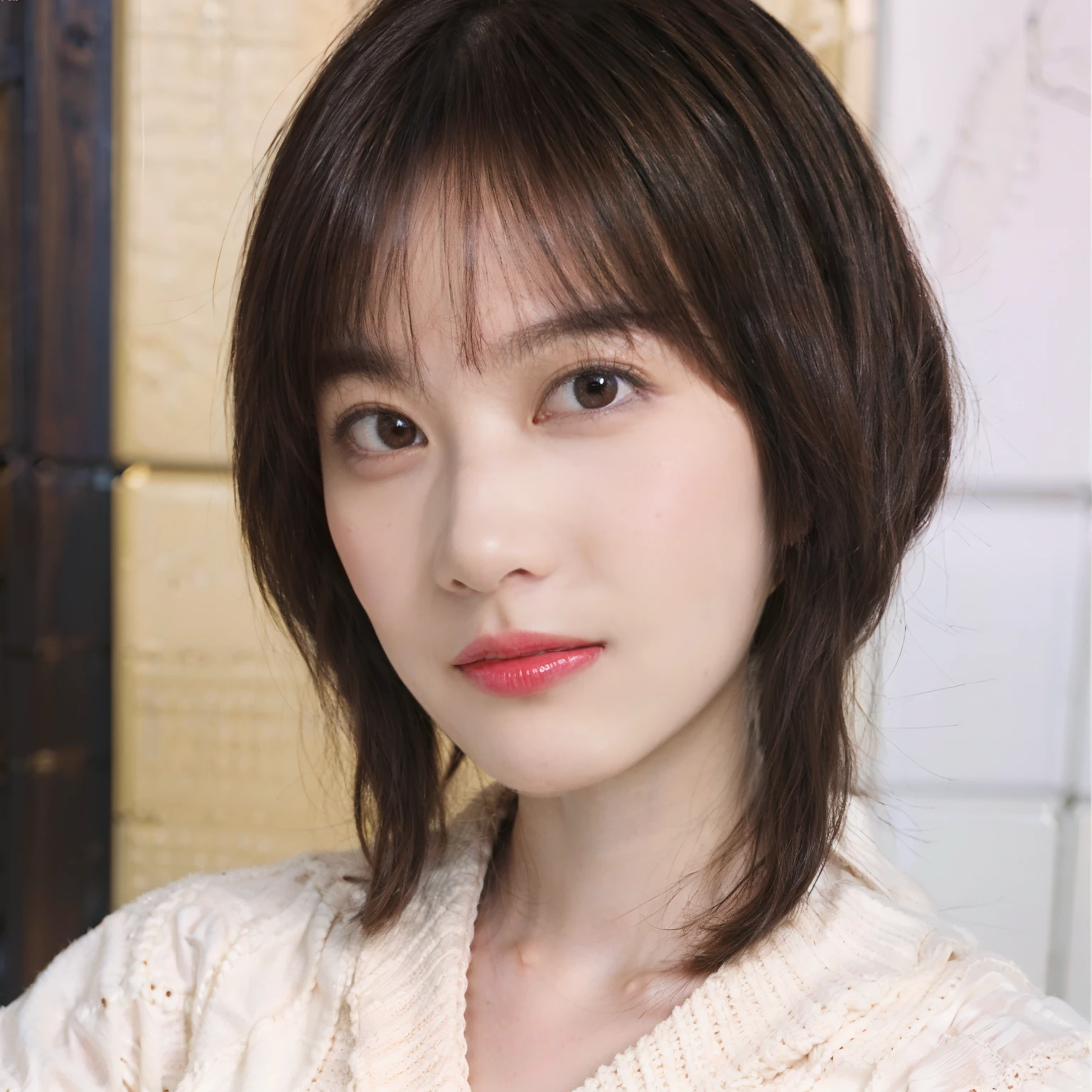 29
(Shorthair:1.23), (a 20 yo woman), (A hyper-realistic), (Masterpiece), (8KUHD), Focus on the face, long sleeved shirt, (breast:1.23), serene expressions