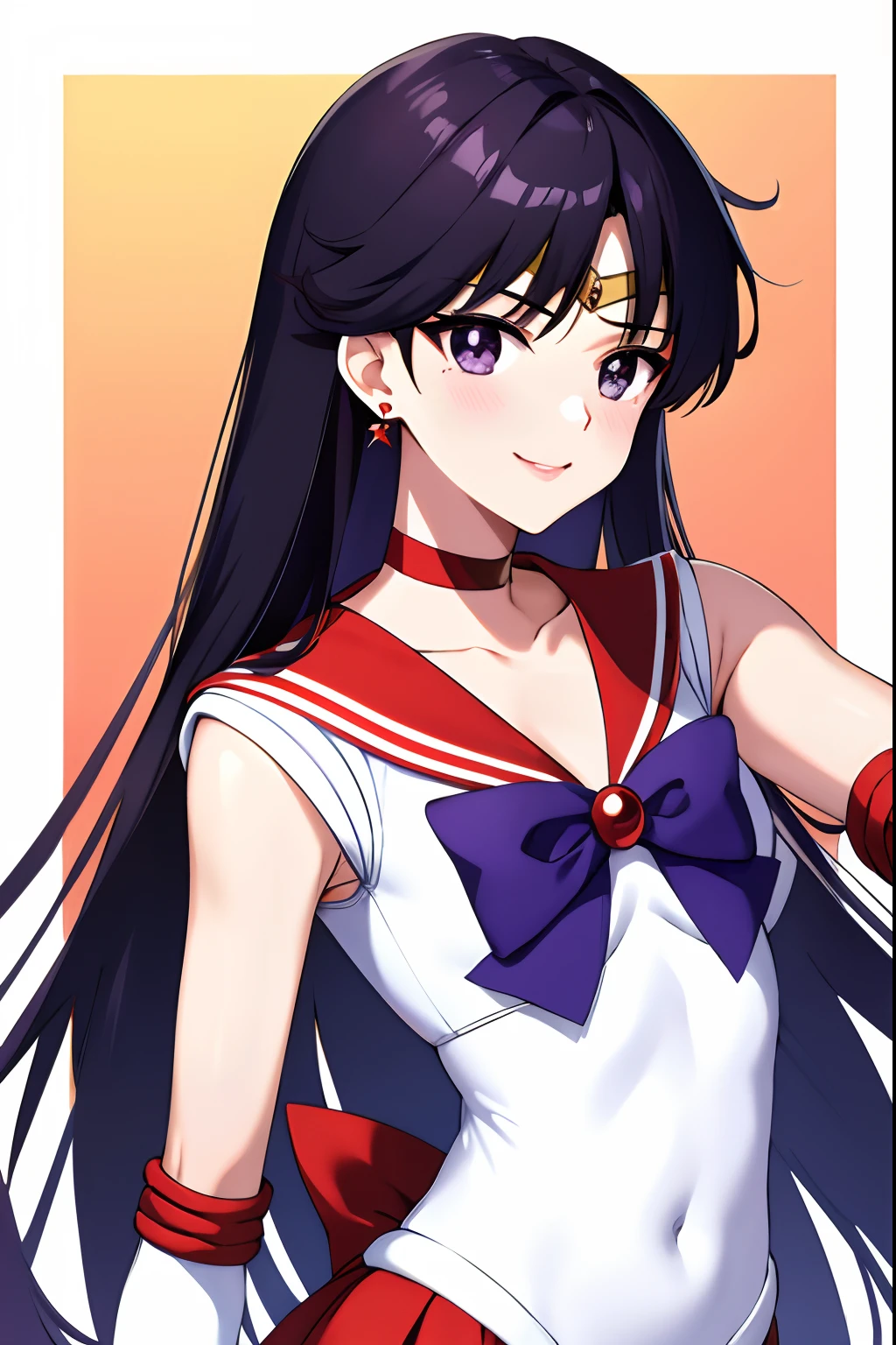 Sailor Mars、Anime Boy、Cool anime boys、gender change、gender change(Girls to boys)、Sailor Senshi Uniform、Rei Hino、solo、Red sailor collar、Blue bow tie、autumn_leaves、Boy with very long black hair、rating:safe、Flames around him、Magical Boy、a red choker、White leotard、robe blanche, maple_leaf, traditional_media、autumn、leaf、marker_(medium)、neck、upper_body、elbowgloves、makeup、jewelry、circlet、looking_at_viewer、white glove、eyeslashes、lips、smile、Red mini skirt、collarbone、Bare shoulders、bangs、耳Nipple Ring、Boy with Purple Eyes、Boy with Black Eyes、multicolored_background、covered_navel、