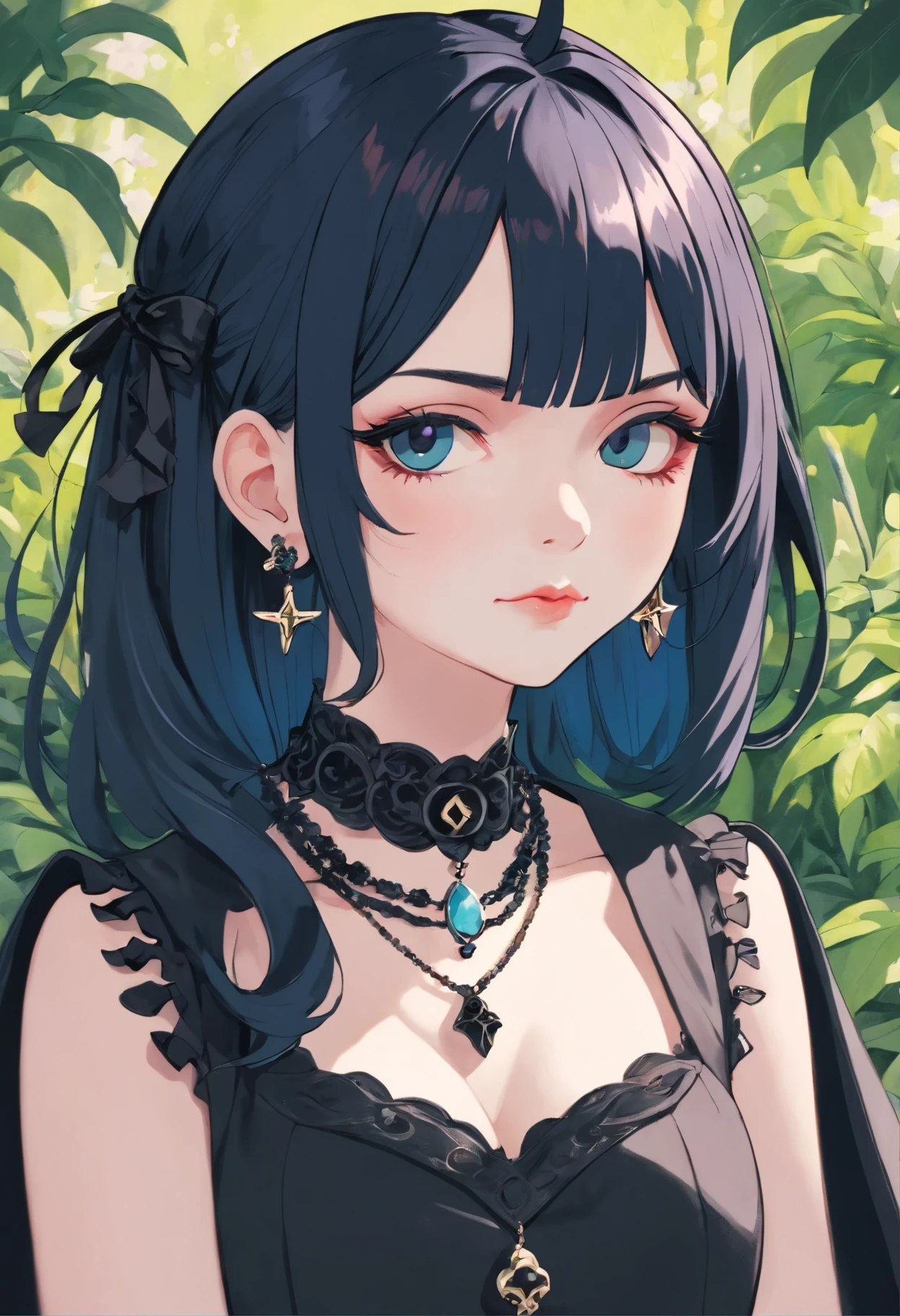 a beautiful (goth:1.4) wearing an anime collar, mature face:1.4), (black eyeliner:1.4), make-up a long necklace and earrings, in the style of tranquil gardenscapes, colorful animation stills, masami teraoka, aquamarine, paul gauguin, Embry style, honest portrayal