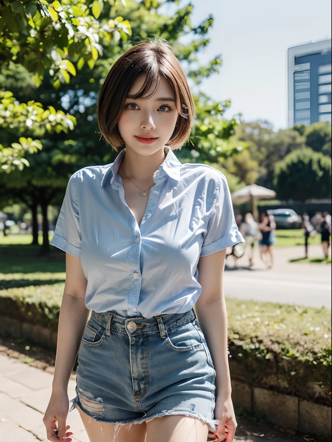 ((((top-quality))))、(((Ultra Precision CG16K Wallpapers)))、(((masterpiece)))、(((ultra-detailliert)))、(((Ultra-extreme details)))、One woman、a matural female、24-year-old woman、((Japanese face))、((extremely beautiful face))、(Short Bob Hair)、Bangs up to the eyebrows、Beautiful brown hair、Beautiful delicate eyes、Brown eyes、lofty nose、small nostrils、seductive lips、Half-open mouth、Beautiful breasts、C-cup size breasts、cleavage of the breast、Beautifully proportioned proportions、perfect anatomia、Beautiful and detailed shading、Beautiful natural lighting、Beautiful detail glow、depth of fields、(((a high chroma)))、((realisitic:1.9))、((Vivid:1.4))、((Beautiful skin))、((Skin texture))、dynamic ungle、((Angle from knee to head))、((Angle from the front))、((ssmile))、Bright sunshine、((Walking in the park))、(Background blur)、((Light blue button-down shirt))、(Silver necklace)、((2 beautiful legs))、