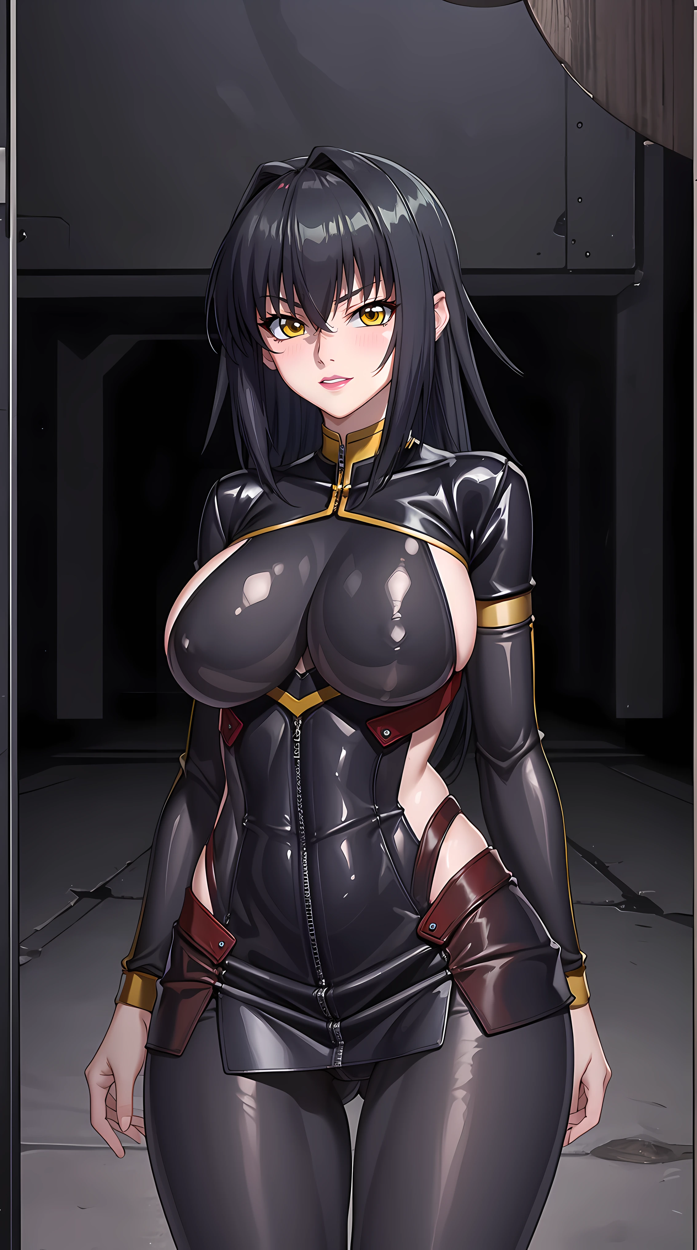 (masterpiece:1.4),(best quality:1.4), soft lighting, cinematic bloom, beautiful face, beautiful eyes, cowboy shot, studio, photo model,
(Annerose:1), 1girl, solo, female mature, black hair, long hair, yellow eyes, large breasts, fully suited, black bodysuit, black outfit, higheels, shiny clothes, skin tight, hair intakes, covered breasts, sideboob, extremely detailed character design CG unity 8k HDR, beautiful character design, professional art, (solo:1.5), (cowboy shot:1.1), (((dark territory background:1.4))), (blushing:1.3),