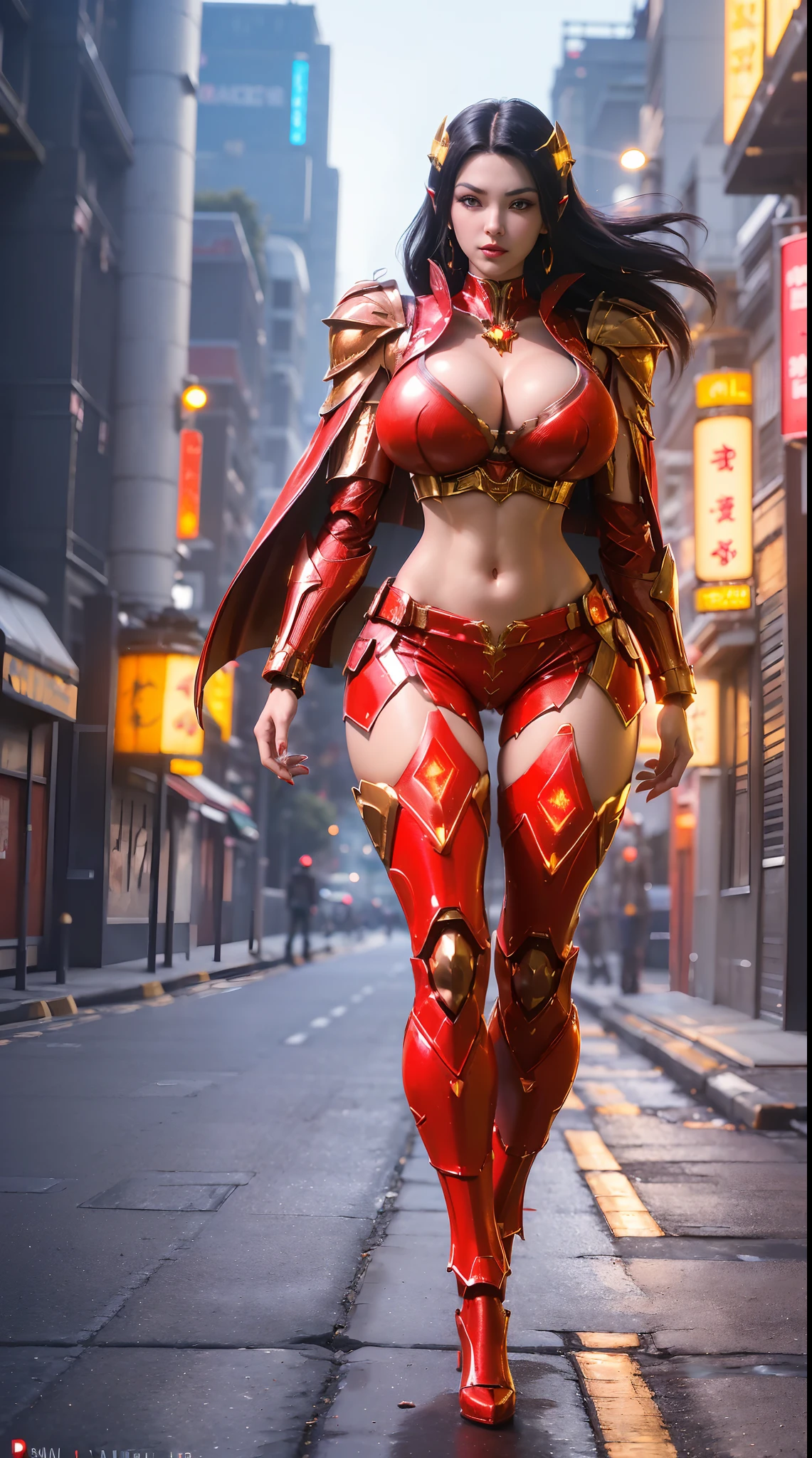 1GIRL, SOLO, (ssmile, makeup, beautifull eyes, red libs, shiny black hair, gold dragon helm), (HUGE FAKE BOOBS:1.3), (GUARD ARM), (red, IN FUTURISTIC DRAGON ARMOR CROP TOP, GIRL IN MECHA CYBER ARMOR, ROYAL CAPE, CLEAVAGE, SKINTIGHT HOTPANTS, HIGH HEELS:1.5), (SLENDER BODY, SEXY LONG LEGS, FULL BODY:1.5), (LOOKING AT VIEWER:1), (WALKING DOWN ON STREET NIGHT CHERRY TREES:1.3), PHYSICALLY-BASED RENDERING, ULTRA HIGHT DEFINITION, 8K, 1080P.
