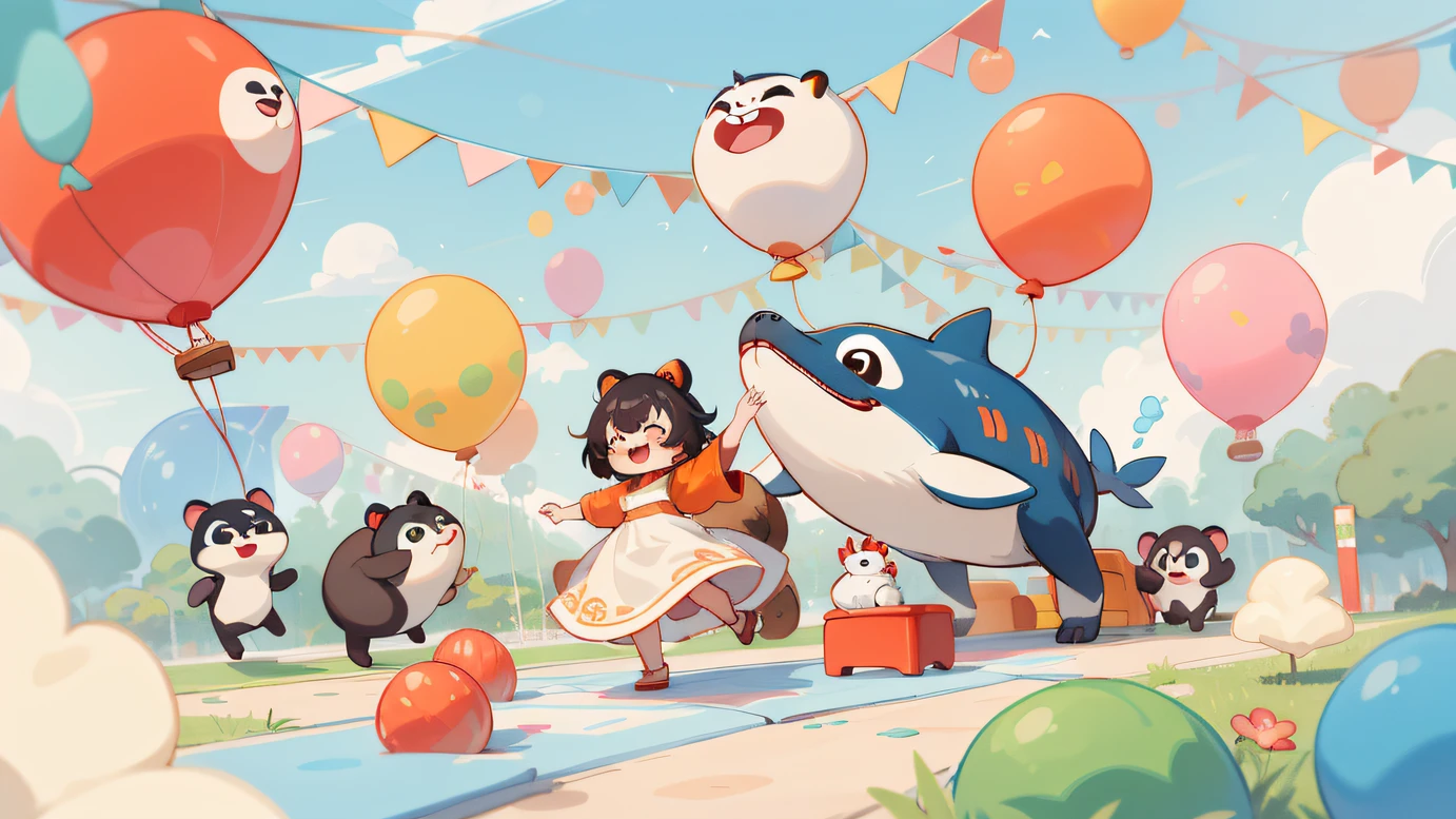 Hand drawn cartoon illustration,Conceptual art style inspired by Qu Lu Qilei,children playground,Celebrations,There are a lot of cartoon characters,The little raccoon is singing、The panda is dancing、Whales are flying,Giraffes are communicating,In the air and on the ground, 7 hot air balloons,large view, no gradien,The color is orange、Rose red、white colors、Green is the main color。