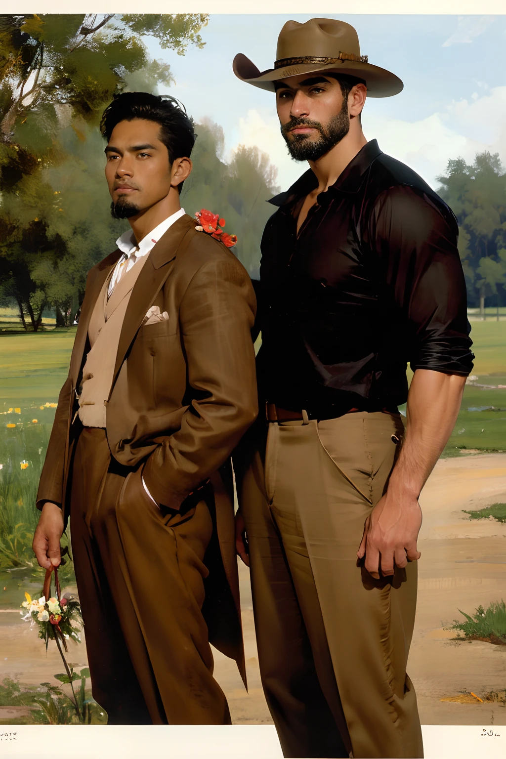 two male cowboys holding wild roses on a field, brown attire, filipino american standing next to a tall handsome white male with a cowboy hat short hair and beard, handsome face, late 20's, light facial hair, medium long wavy hair, dark brown cowboy hat, 2boys