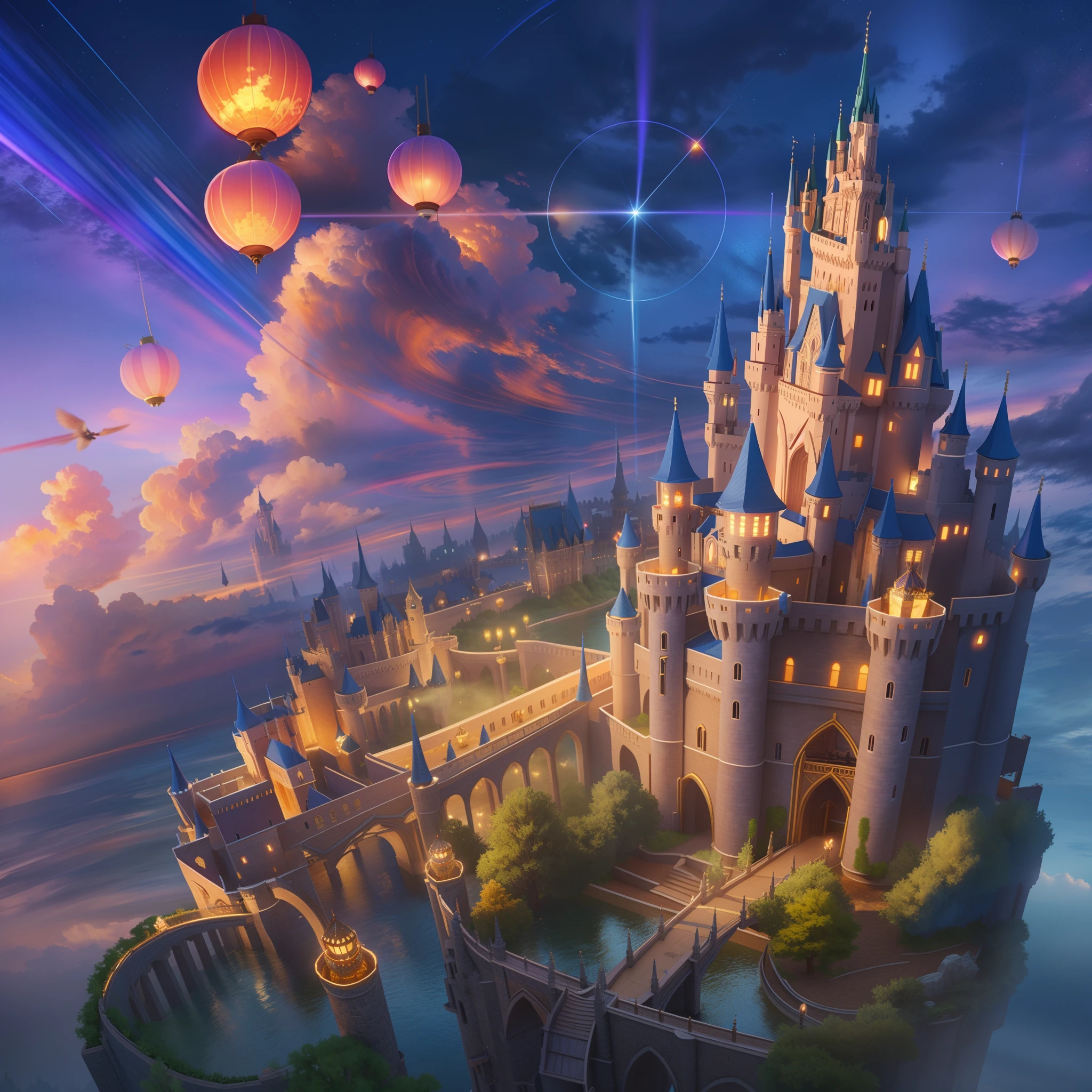 Anime castle with bridge and castle tower at midnight, Flying Cloud Castle, Highly detailed fantasy, fantasy castle, beautiful detailed fantasy, magic fantasy highly detailed, high fantasy castle, detailed fantasy illustration, castle in the sky style, fantasy cityscape, stylized urban fantasy artwork, Flying Castle, stuning fantasy 3 d render, 4K highly detailed digital art、The weather is a thunderstorm、murky、Thunder rumbles from the clouds、Black cumulonimbus clouds、Cinderella's Castle、Floating lanterns