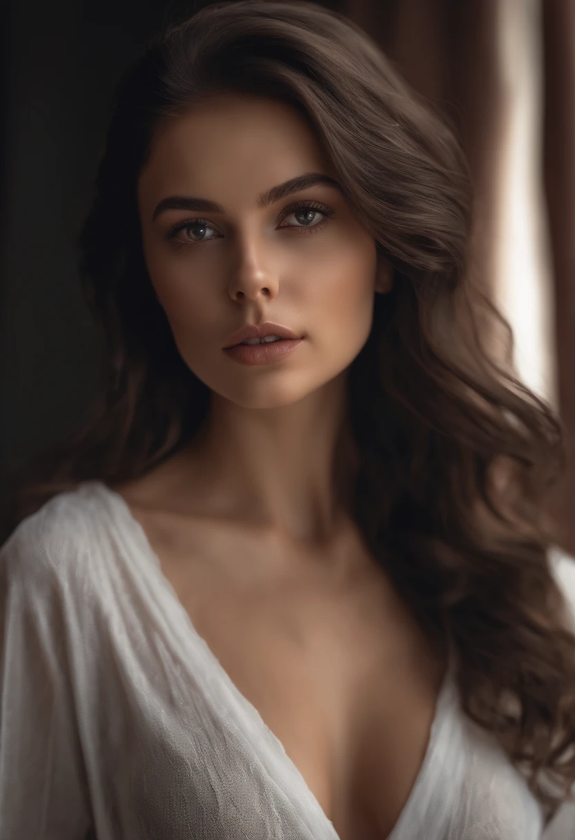 Arafed woman in full , Sexy girl with brown eyes, ultra realistis, Meticulous detail, portrait sophie mudd, dark hair and big eyes, selfie of a young woman, bedroom eyes, violet myers, no makeup, natural makeup, looking straight at camera, face with artgram, fine makeup, Stunning full-length shot, in the city, large size bust, Naked, Bare Tits,; ; ;