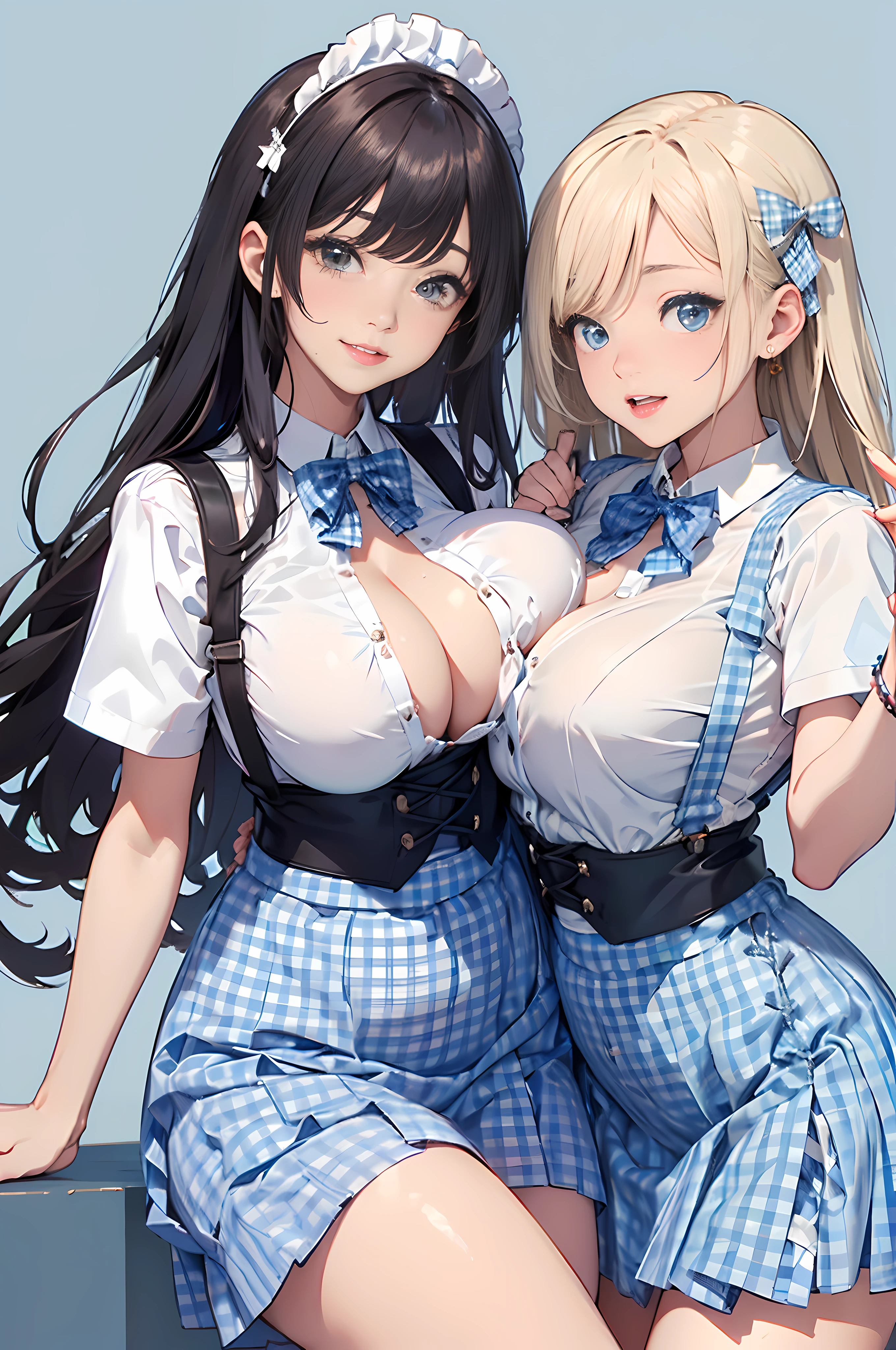 (masterpiece1.5),hyper quality, Hyper Detailed,Perfect drawing,NFSW、two individuals、girl with、((very Bigger breasts))、((Press each other's breasts against each other))、((Press Breast))、kawaii 、With smiling eyes、((half-opened mouth))、((Sexy looks))、Lustrous skin、(((Sensual look)))、((ecstacy))、Sweaty skin、
(woman samurai:1.2), (Light Blue Gingham Checker Suspender Skirt:1.4), (Long skirt:1.2), (White blouse:1.3), ((double-breasted. Underbust):1.2), (Solid blue bow tie:1.3), (Short sleeves, buttonGap),。.。.3D,16K illustrations、((clearface))、Hi-Res、nice background、(((beatiful backgrounds)))、(((Detailed drawing)))、Perfect Beautiful Girl、(((Perfect Photo)))