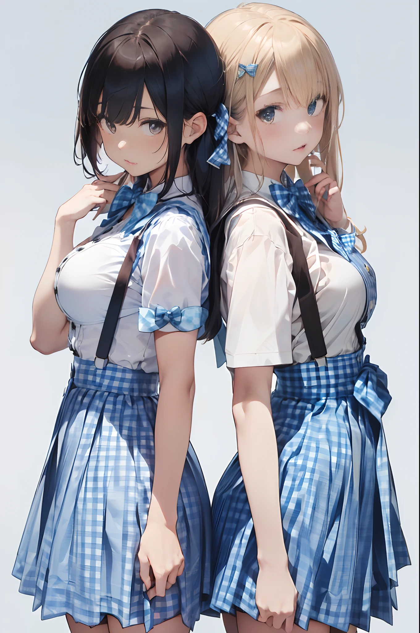 Shirase
Two women standing (Next to each other:1.3) , Multiple girls,2girls,Looking at Viewer, Looking back, (Back-to-back:1.4),
(woman samurai:1.2), (Light Blue Gingham Checker Suspenders Skirt:1.4), (Long skirt:1.2), (White blouse:1.3), ((double-breasted. Underbust):1.2), (Solid blue bow tie:1.3), (Short sleeves, buttonGap),