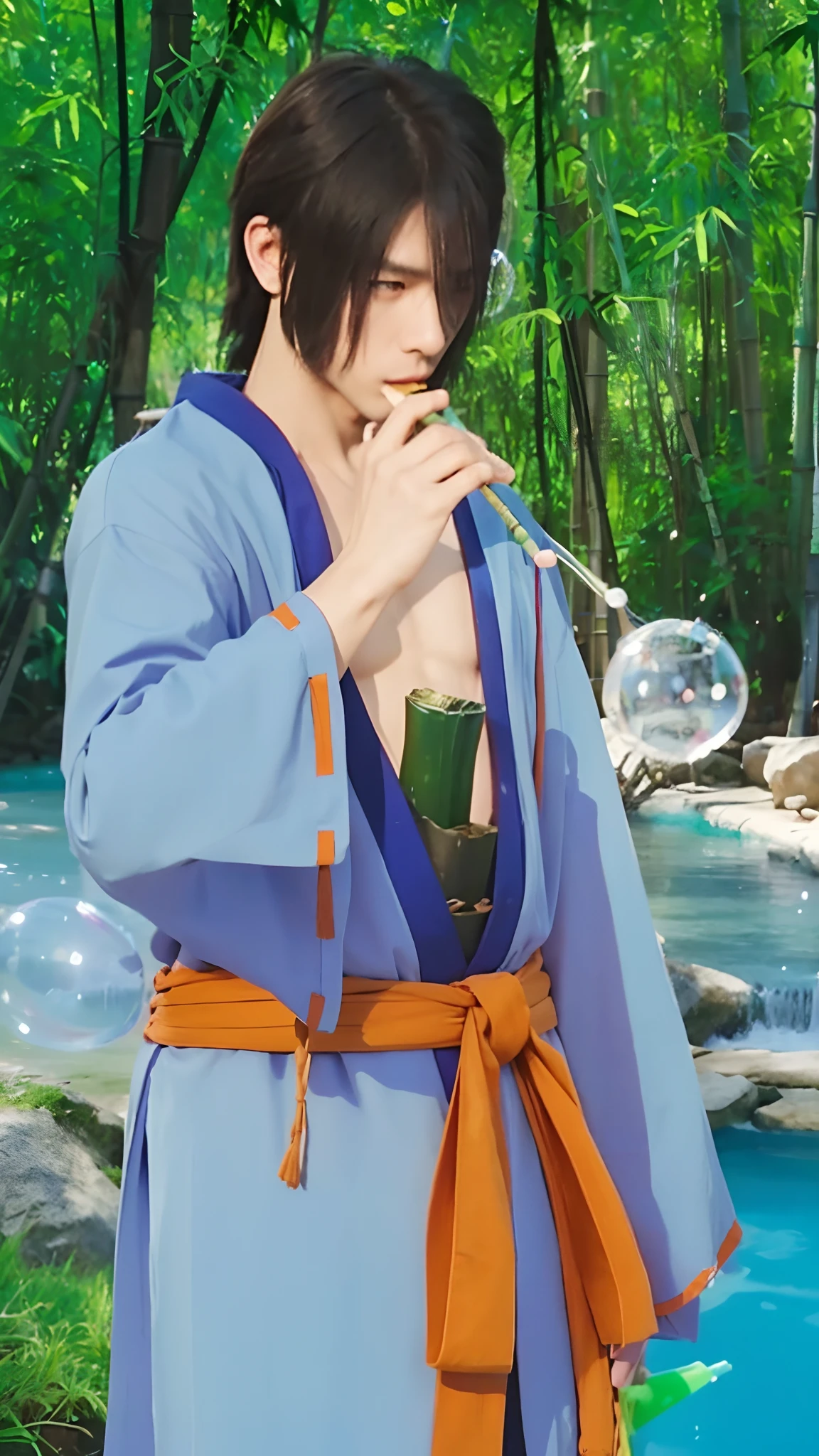 Real life adaption of this character, handsome man face, cool expression,realistic same hair,(realistic same outfit), realistic background, hyper realistic, realistic light, realistic shadow, realism,(photorealistic:1.2), looking to viewer,Pose is blowing bubbles with Bamboo straws, there is green bamboo At his waist