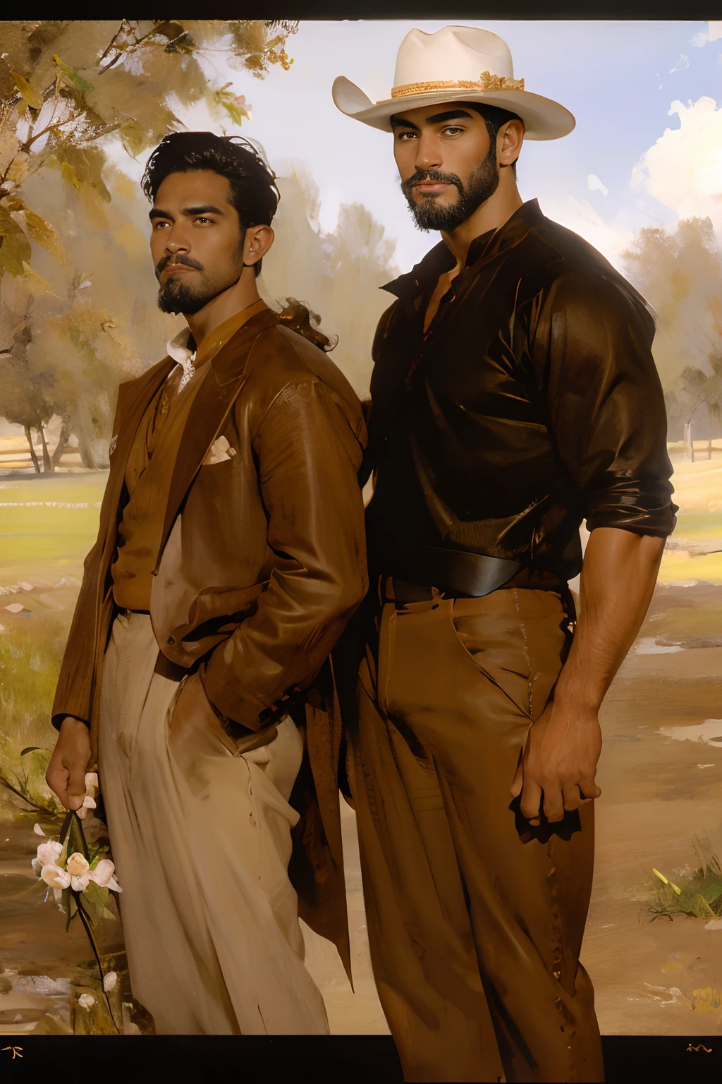 two male cowboys holding wild roses on a field, brown attire, filipino american standing next to a tall handsome white male with a cowboy hat short hair and beard, handsome face, late 20's, light facial hair, medium long wavy hair, dark brown cowboy hat, 2boys, medium long hair