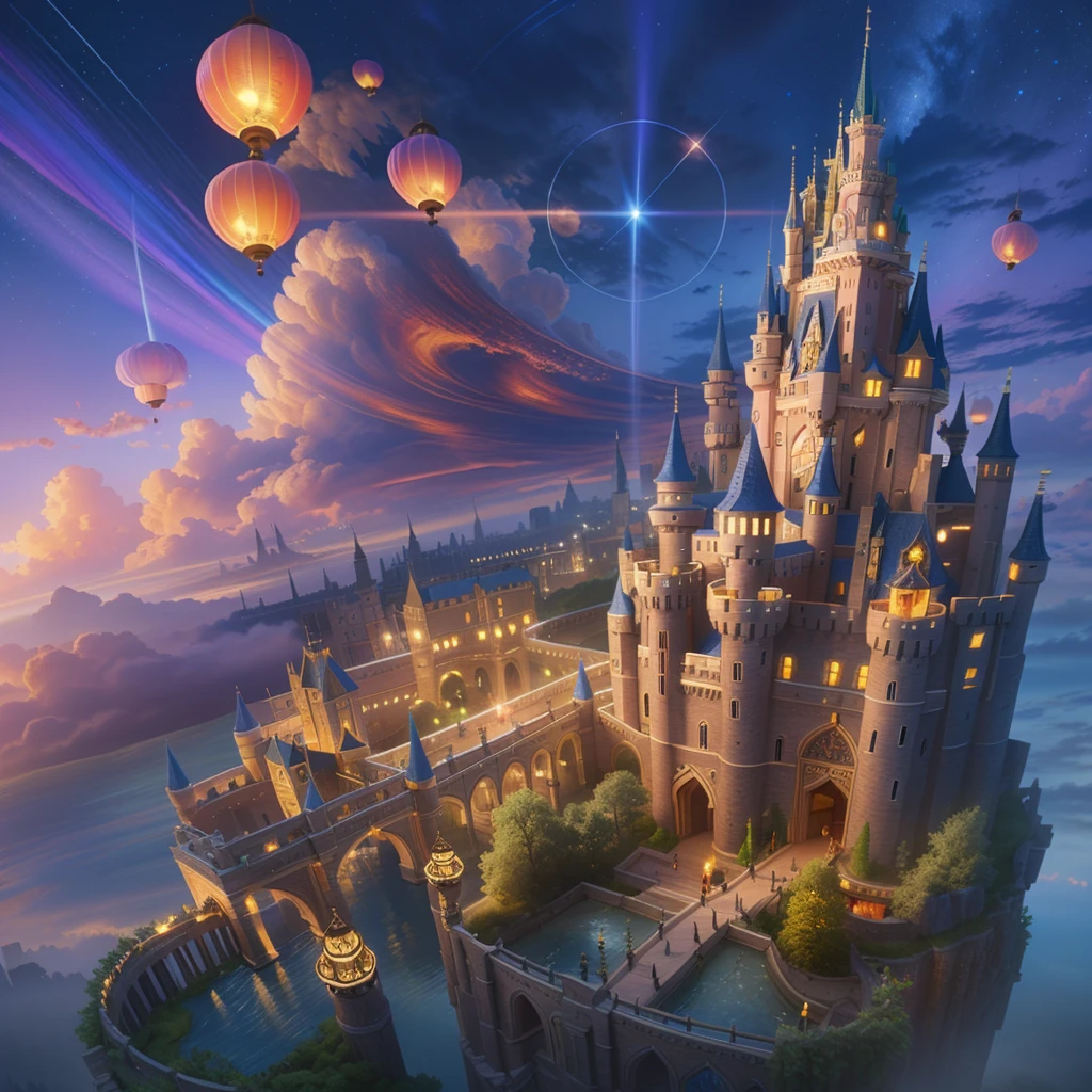 Anime castle with bridge and castle tower at midnight, Flying Cloud Castle, Highly detailed fantasy, fantasy castle, beautiful detailed fantasy, magic fantasy highly detailed, high fantasy castle, detailed fantasy illustration, castle in the sky style, fantasy cityscape, stylized urban fantasy artwork, Flying Castle, stuning fantasy 3 d render, 4K highly detailed digital art、The weather is a thunderstorm、murky、Thunder rumbles from the clouds、Black cumulonimbus clouds、Cinderella's Castle、Floating Lantern、An ultra-high picture quality、逼真、realisitic、highly contrast、Real world、The cliff is crumbling、Breaking