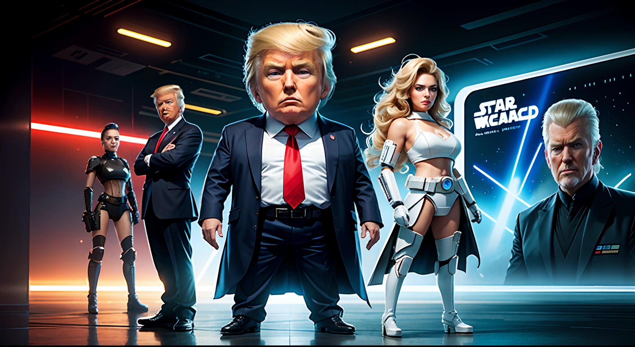 Donald Trump, sci-fi style, Stars Wars, movie billboard, advertising, design of upcoming movie, focus on animated faces and features, stills of poses and different scenes with different shots, futuristic, official, full body